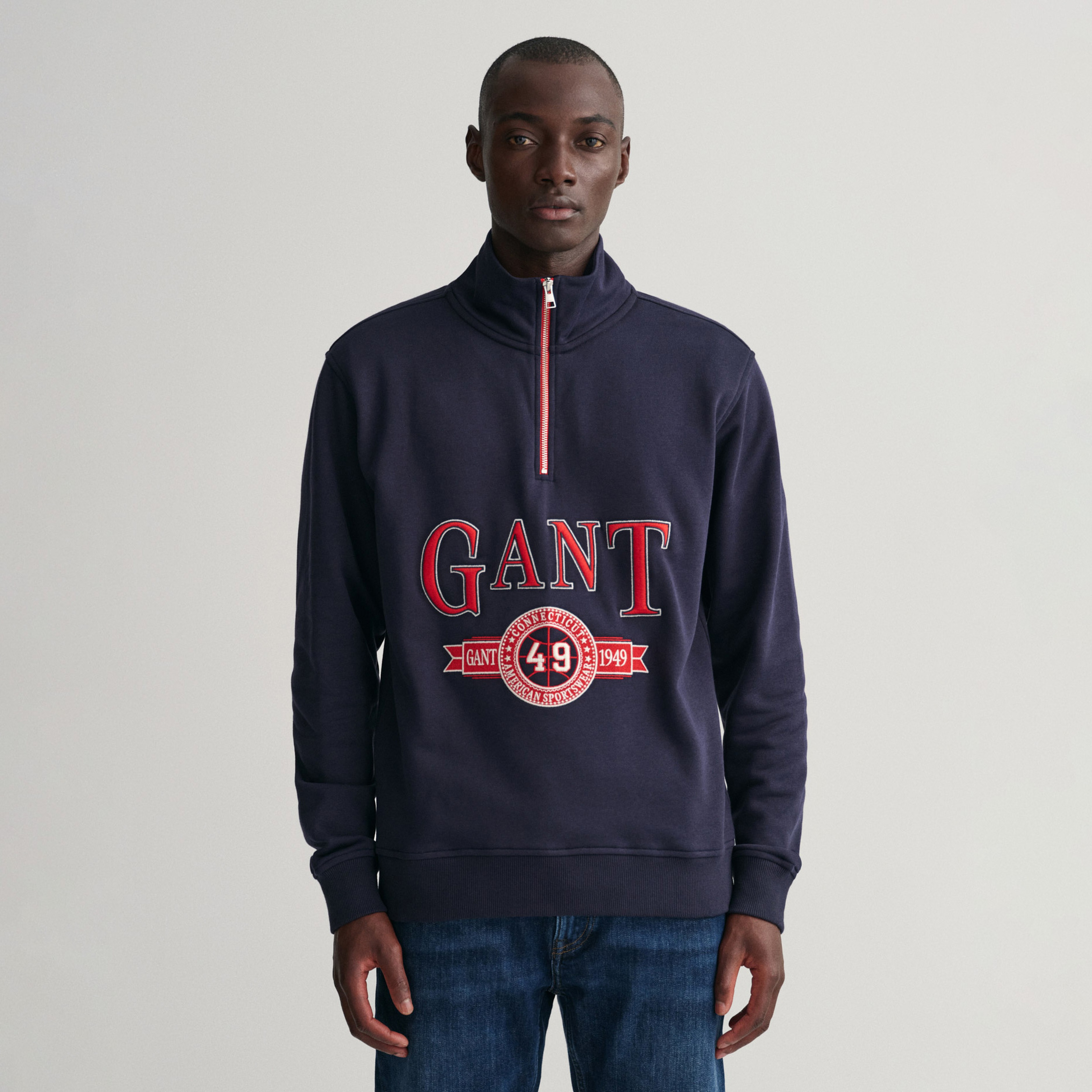 GANT Erkek Lacivert Relaxed Fit Yarım Fermuarlı Logolu Sweatshirt