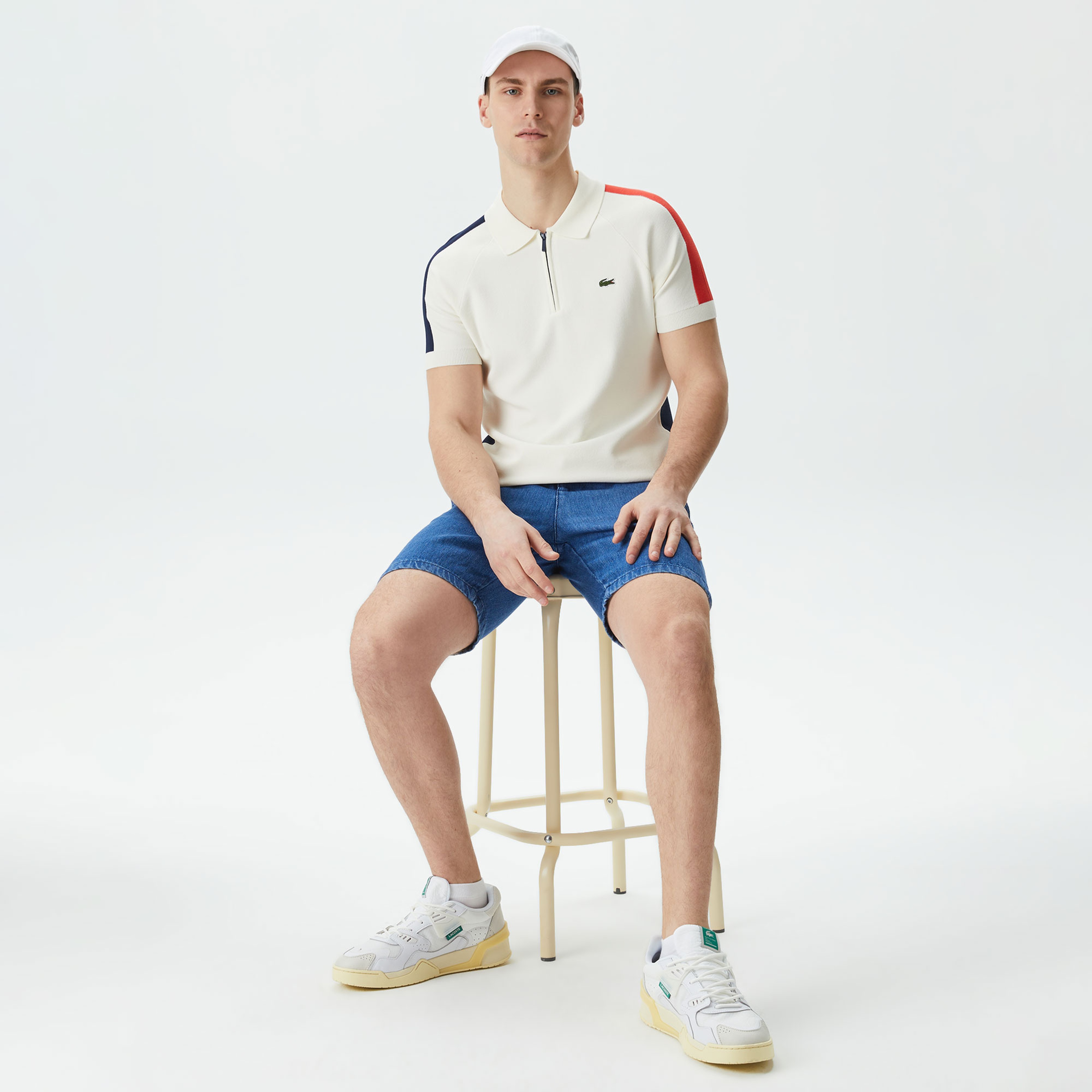 Erkek Regular Fit Yarım Fermuarlı Renk Bloklu Beyaz Triko