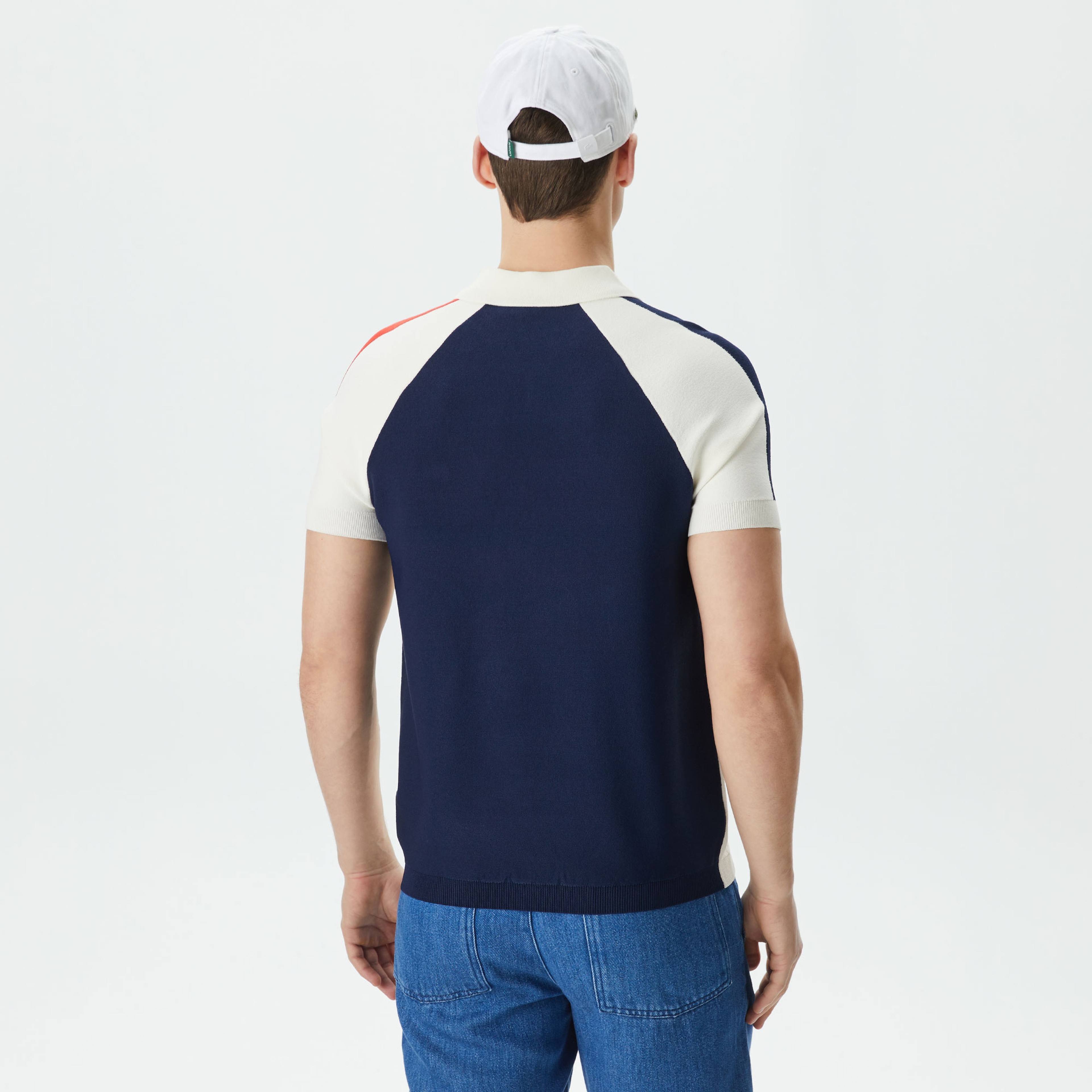Erkek Regular Fit Yarım Fermuarlı Renk Bloklu Beyaz Triko