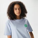 Kadın Loose Fit Bisiklet Yaka Baskılı Organik Pamuk Mavi T-Shirt