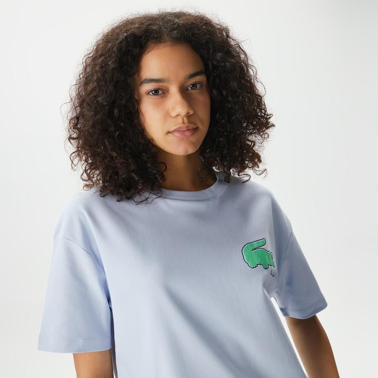 Kadın Loose Fit Bisiklet Yaka Baskılı Organik Pamuk Mavi T-Shirt