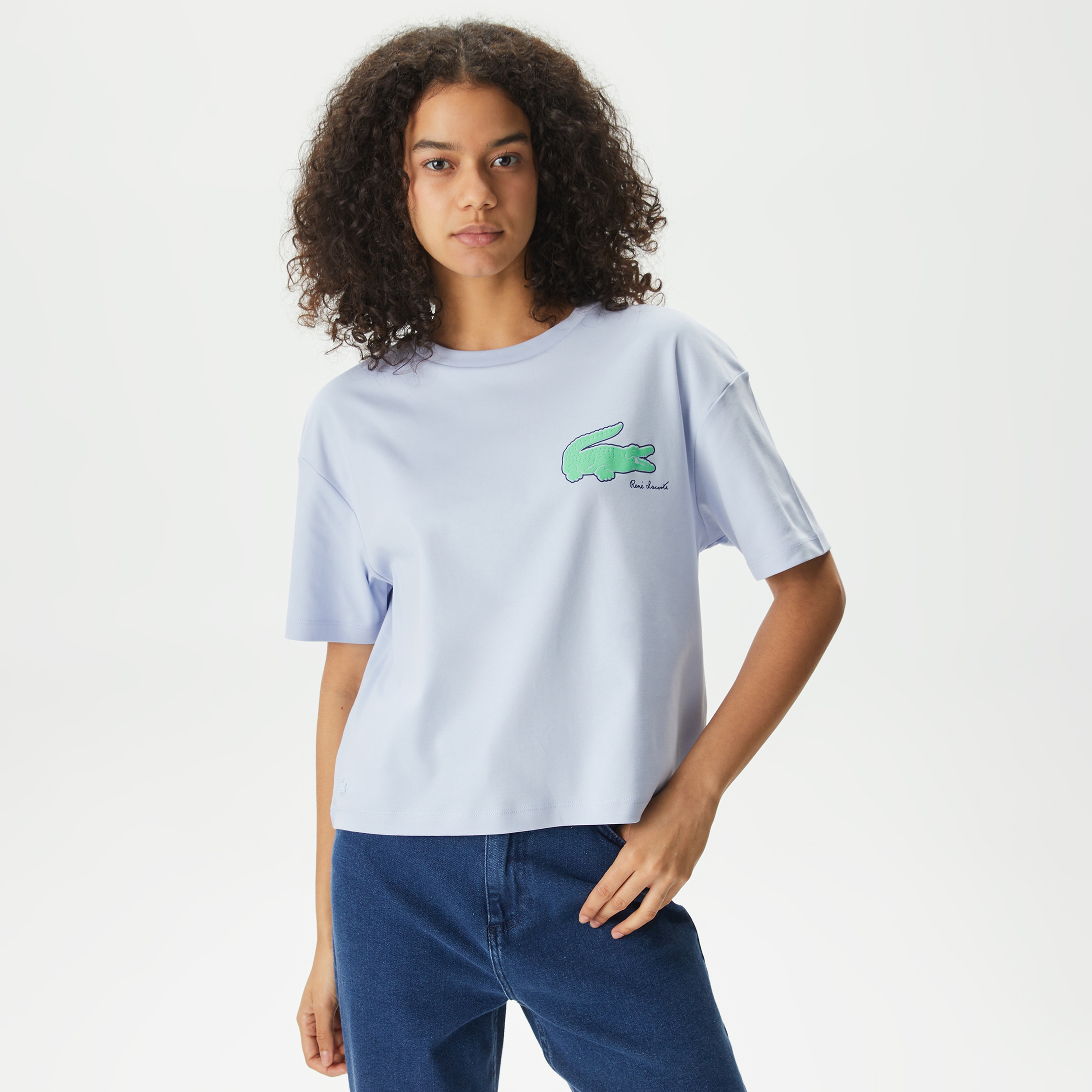 Kadın Loose Fit Bisiklet Yaka Baskılı Organik Pamuk Mavi T-Shirt