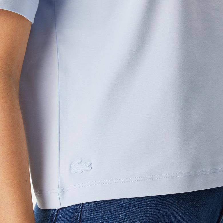 Kadın Loose Fit Bisiklet Yaka Baskılı Organik Pamuk Mavi T-Shirt