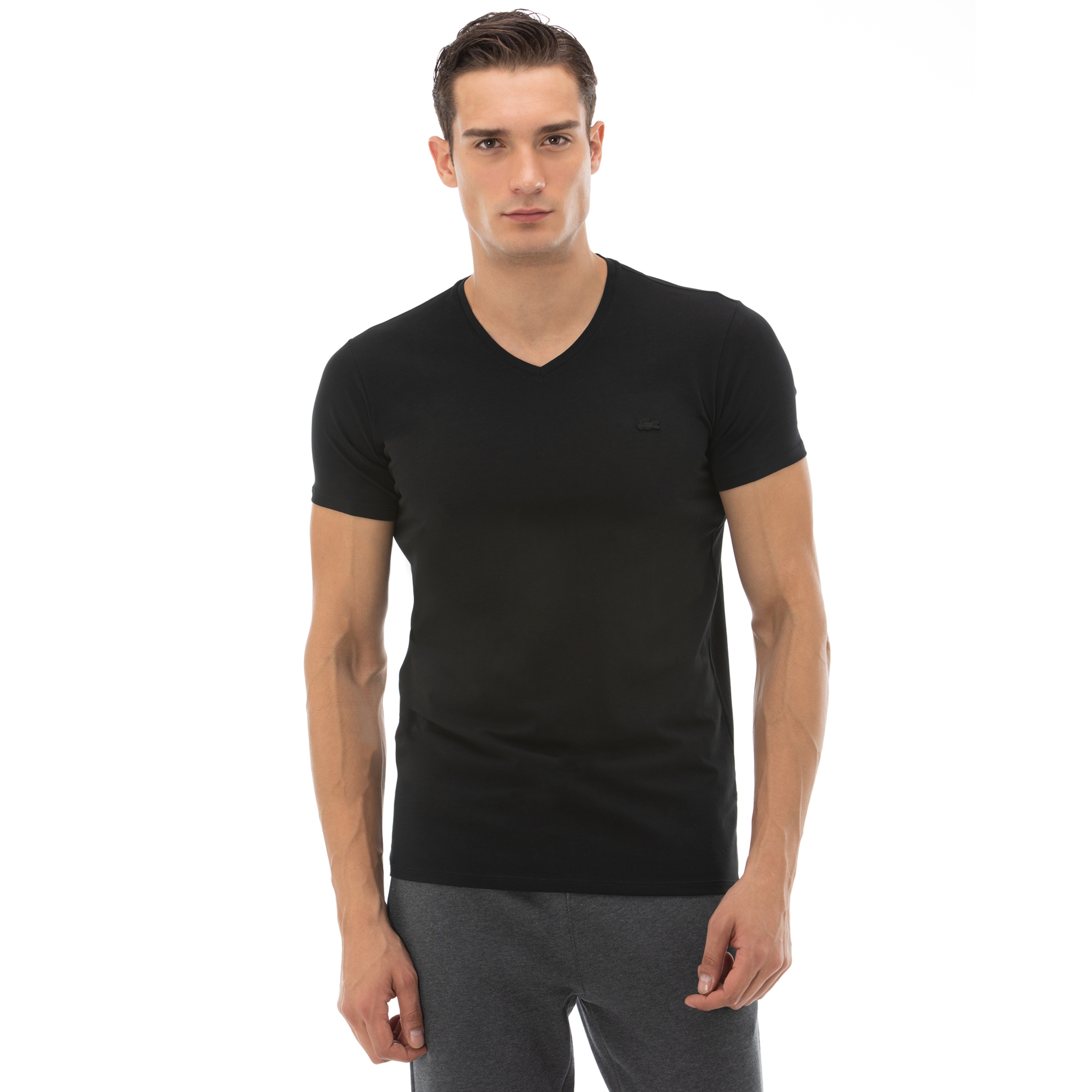 Erkek Slim Fit V Yaka Siyah T-Shirt