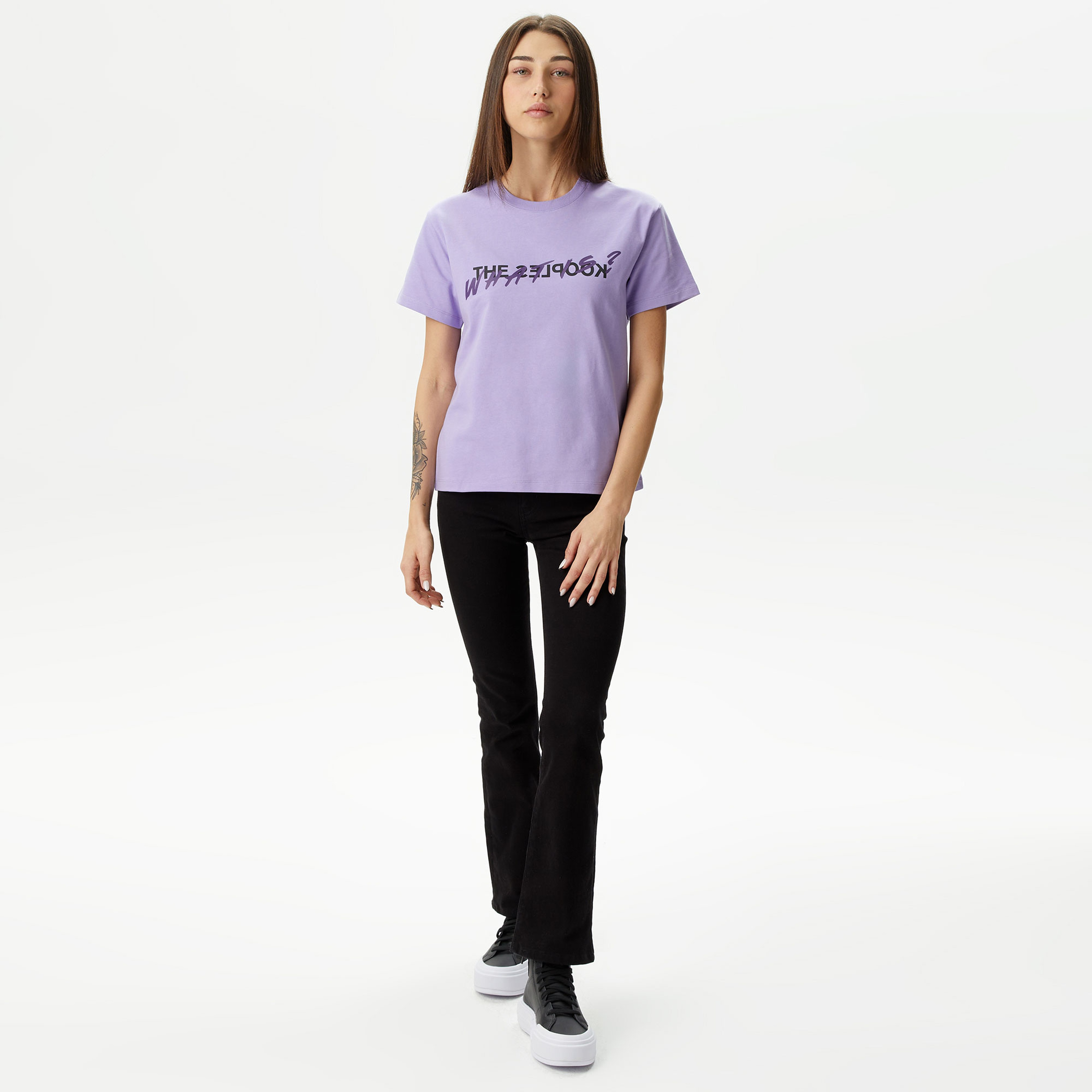 KADIN BASKILI BİSİKLET YAKA MOR T-SHIRT