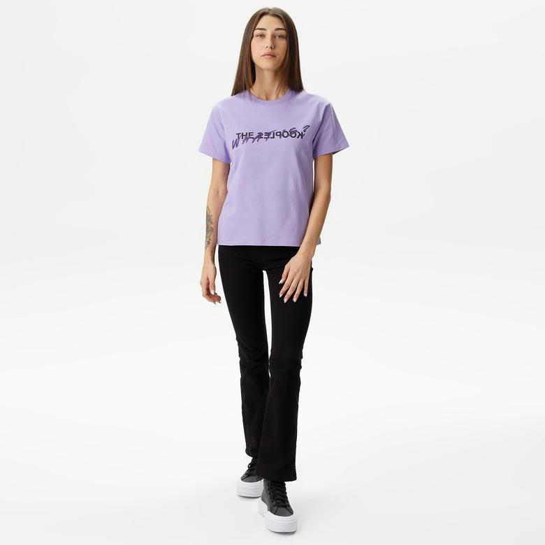 KADIN BASKILI BİSİKLET YAKA MOR T-SHIRT