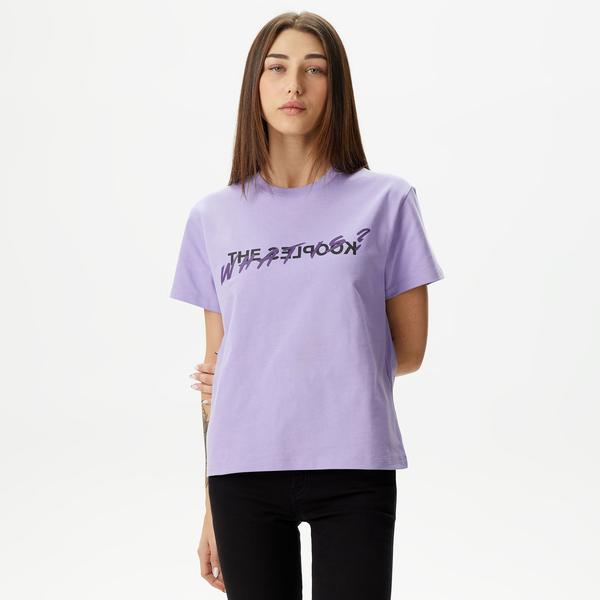 KADIN BASKILI BİSİKLET YAKA MOR T-SHIRT