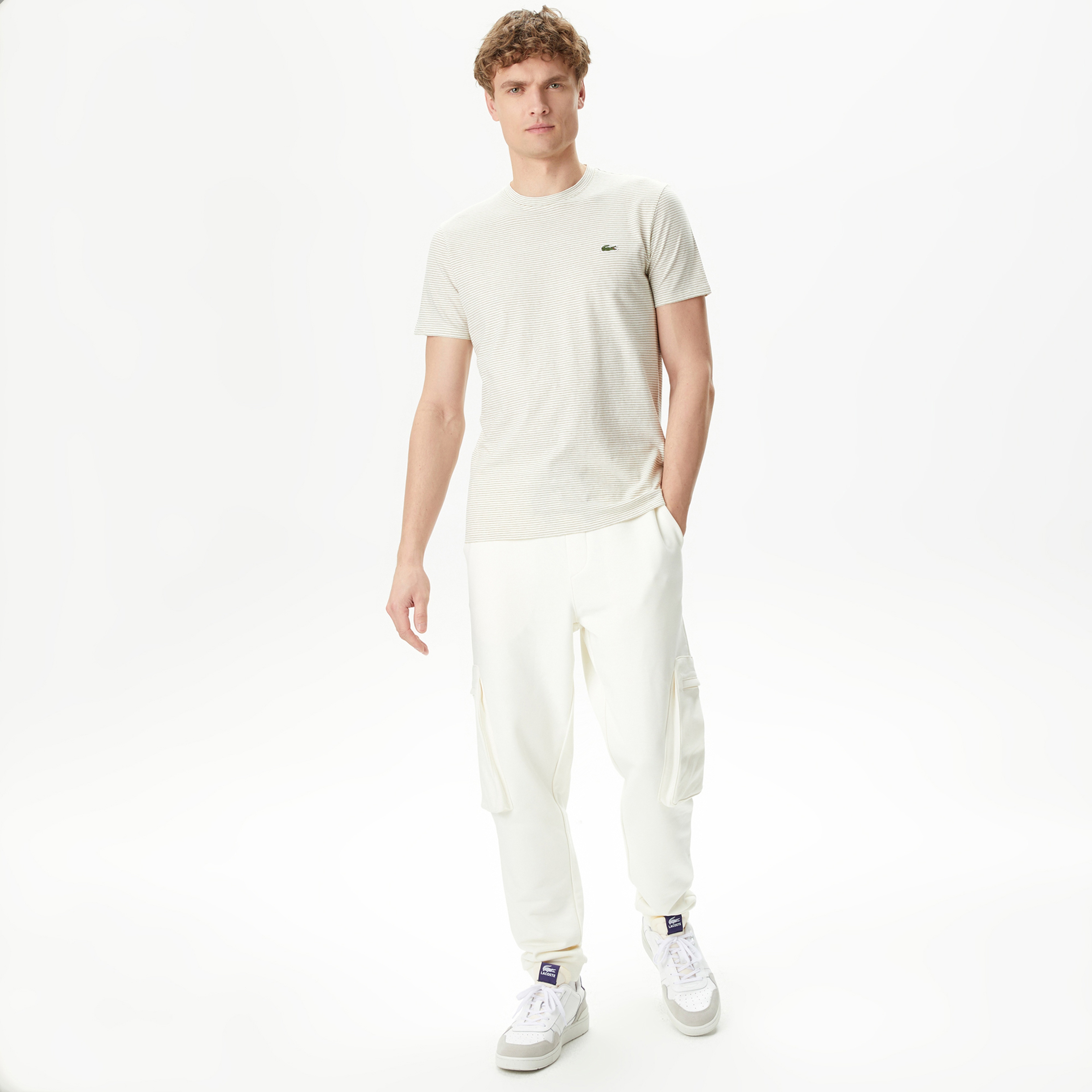 Erkek Regular Fit Bisiklet Yaka Çizgili Bej T-Shirt