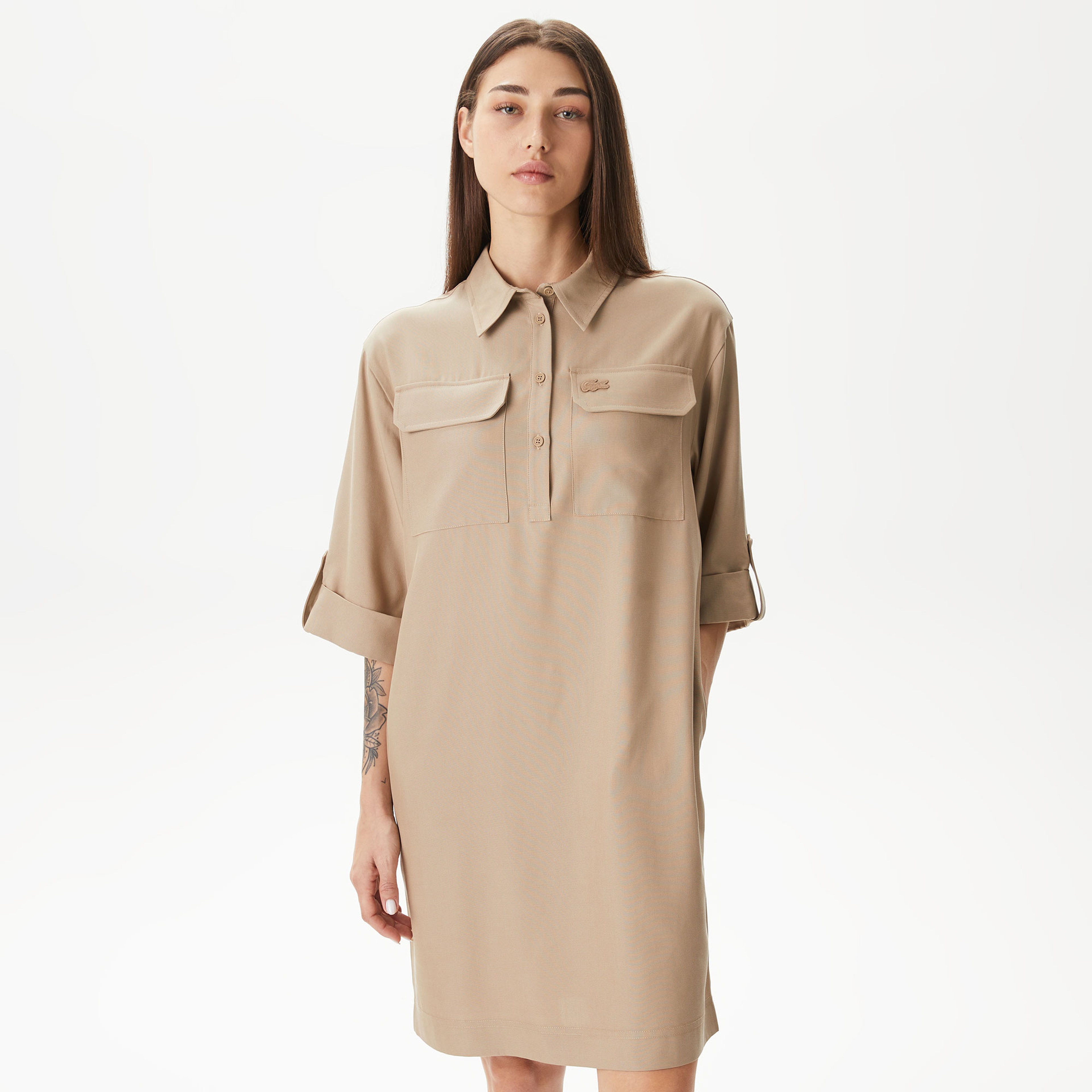 Kadın Straight Fit Polo Yaka Kahverengi Elbise