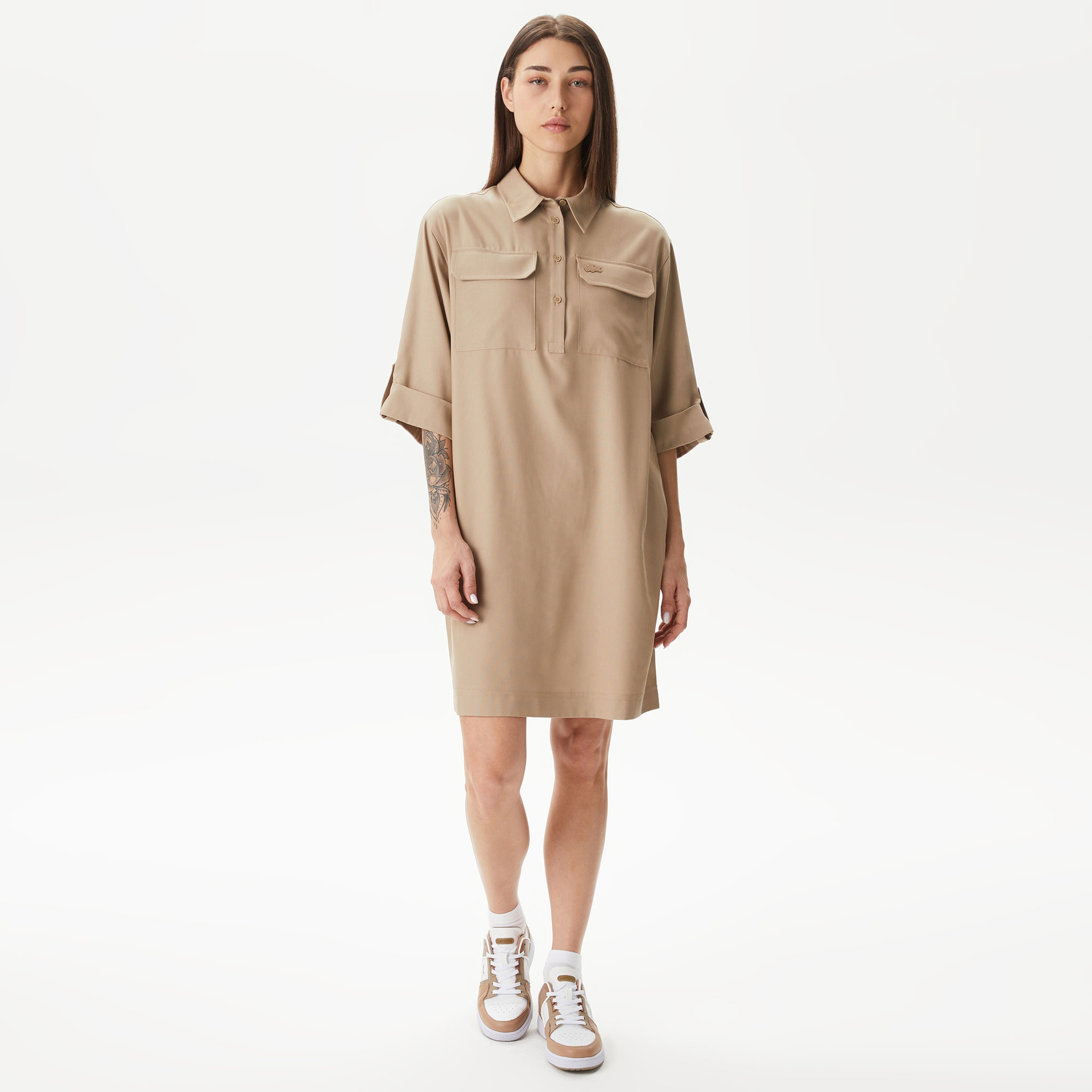 Kadın Straight Fit Polo Yaka Kahverengi Elbise