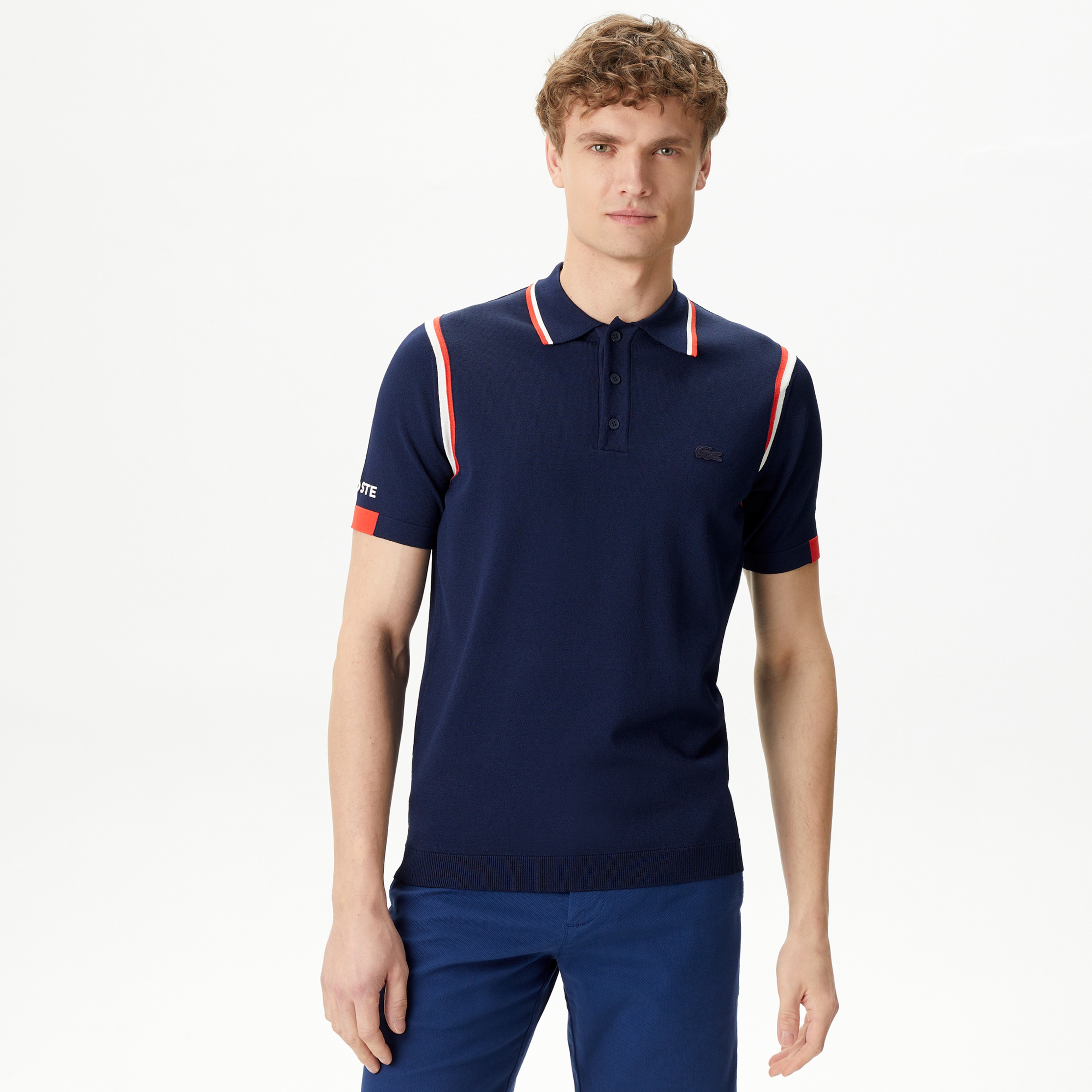 Erkek Regular Fit Polo Yaka Renk Bloklu Lacivert Triko