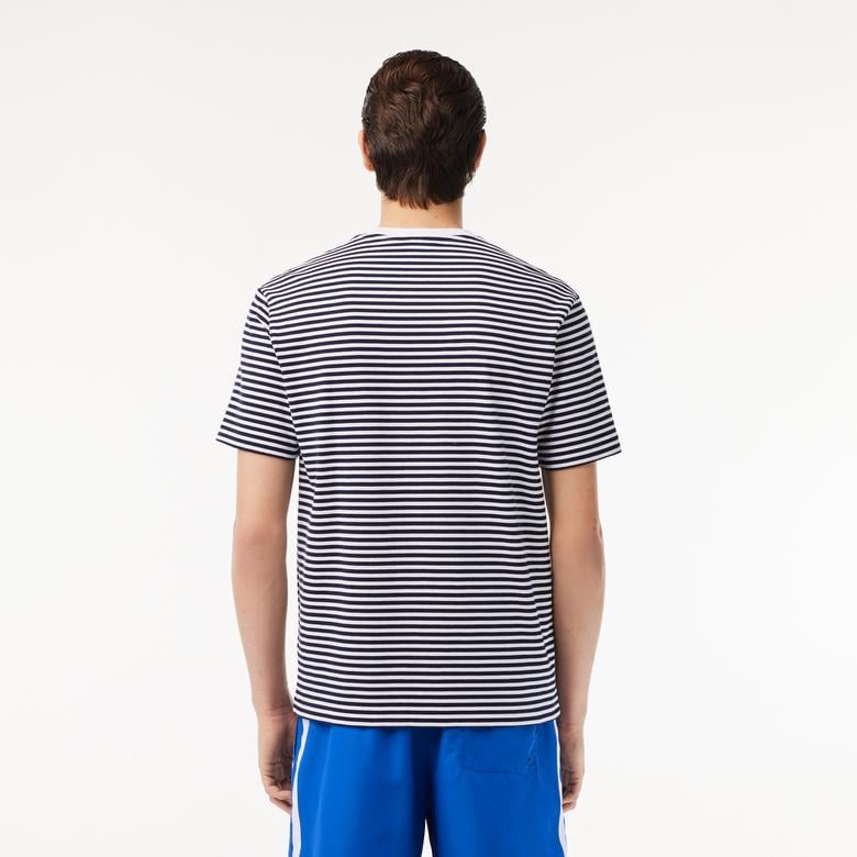 Erkek Classic Fit Bisiklet Yaka Çizgili Beyaz T-Shirt