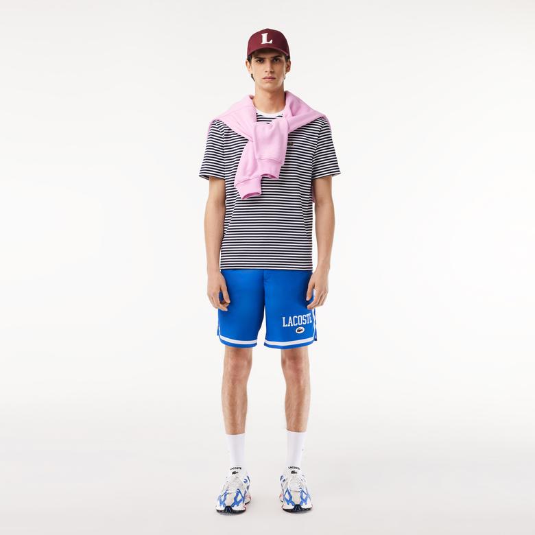 Erkek Classic Fit Bisiklet Yaka Çizgili Beyaz T-Shirt