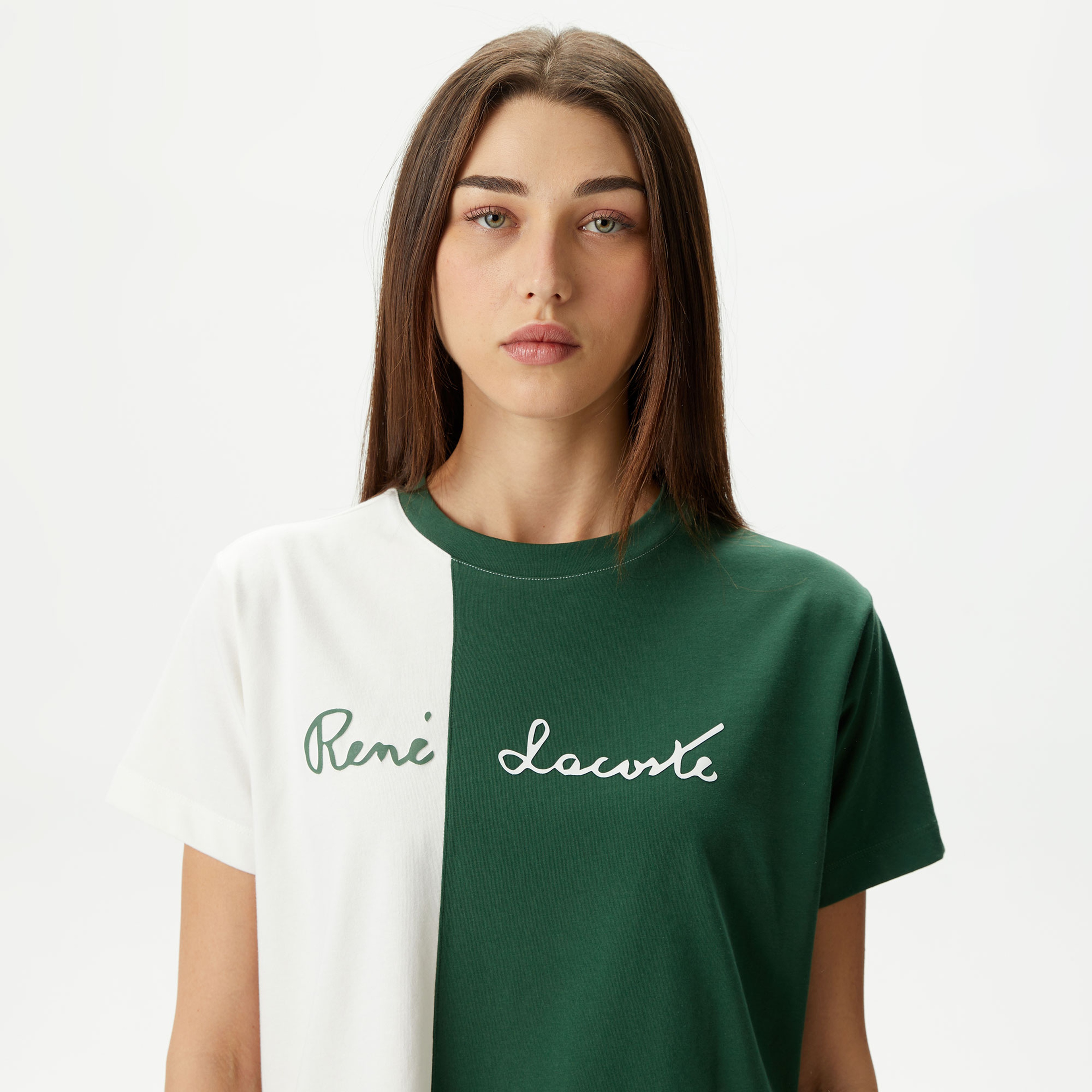 Kadın Loose Fit Bisiklet Yaka Renk Bloklu Beyaz T-Shirt