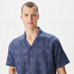 Nautica Erkek Lacivert Classic Fit Kısa Kollu Desenli Keten Gömlek