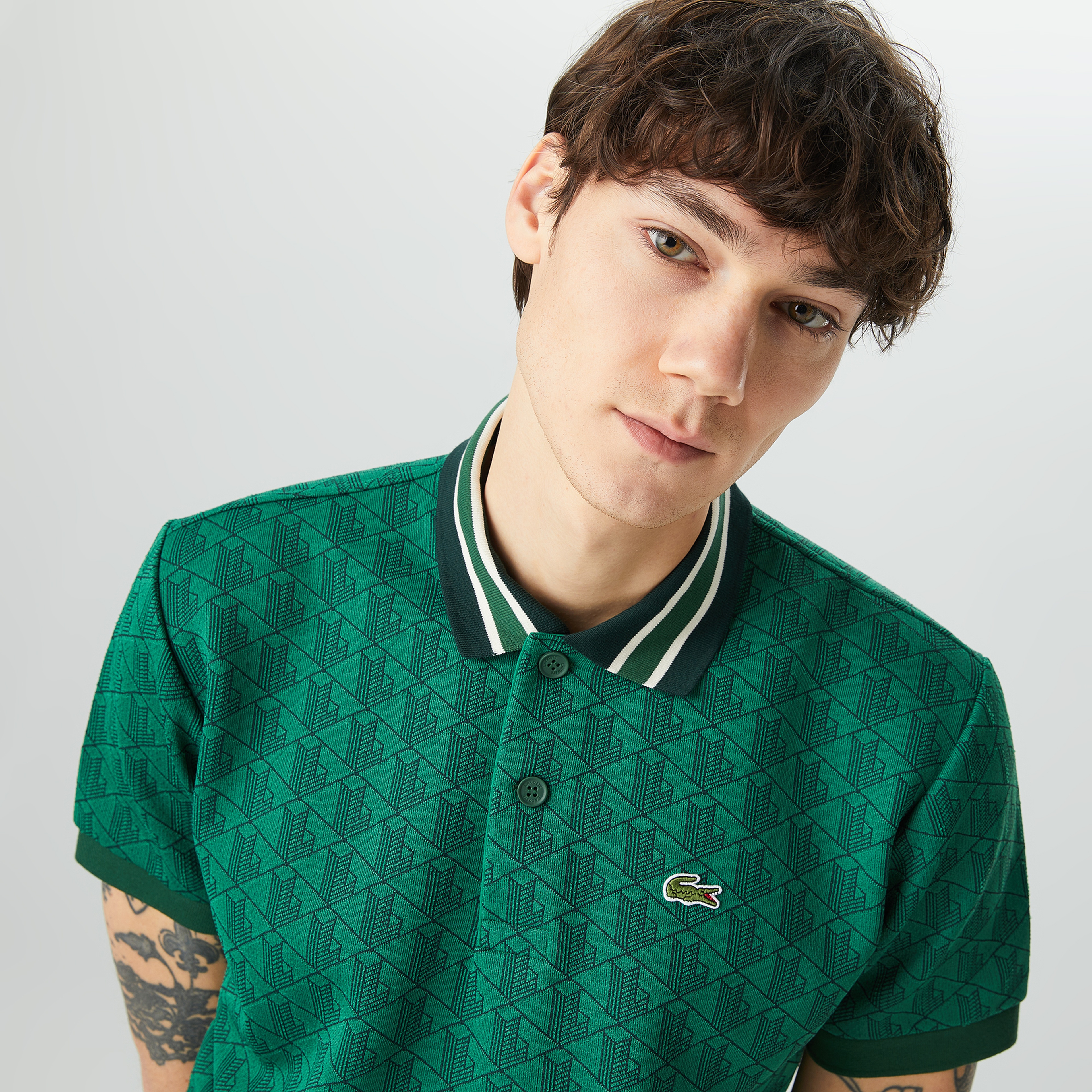Lacoste Classic Fit Contrast Collar Monogram Motif Erkek Yeşil Polo