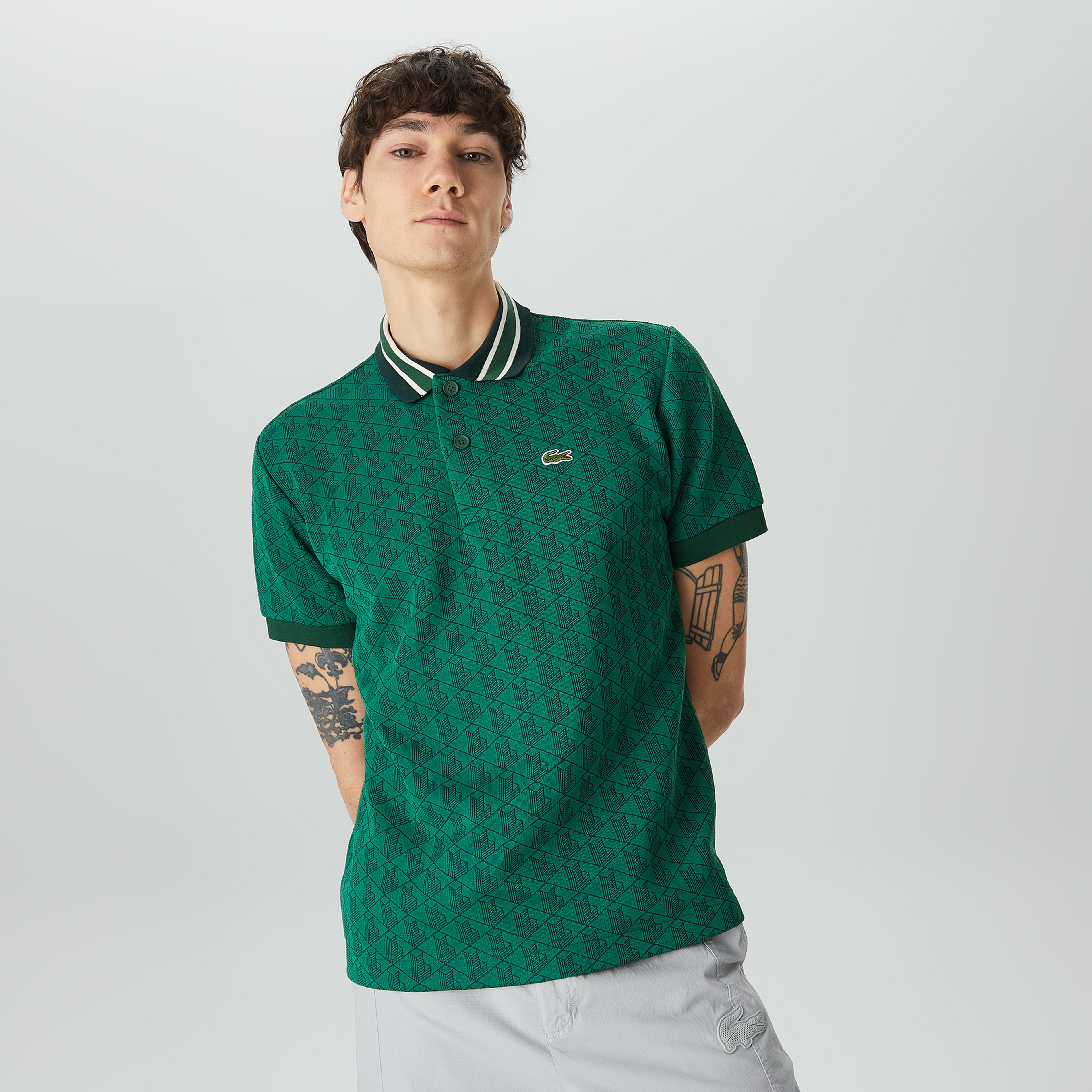 Lacoste Classic Fit Contrast Collar Monogram Motif Erkek Yeşil Polo