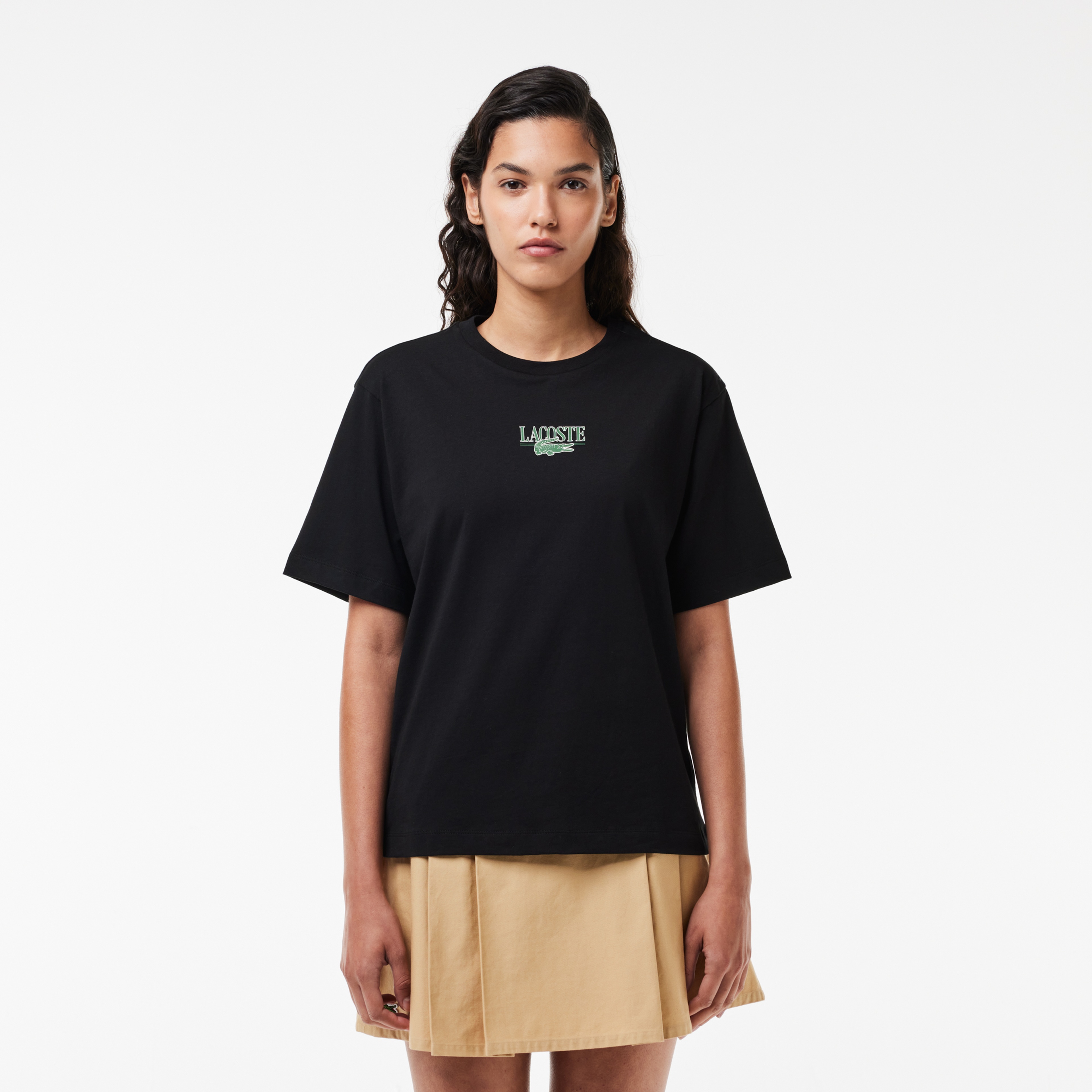 Lacoste Kadın Relaxed Fit Bisiklet Yaka Baskılı Siyah T-Shirt