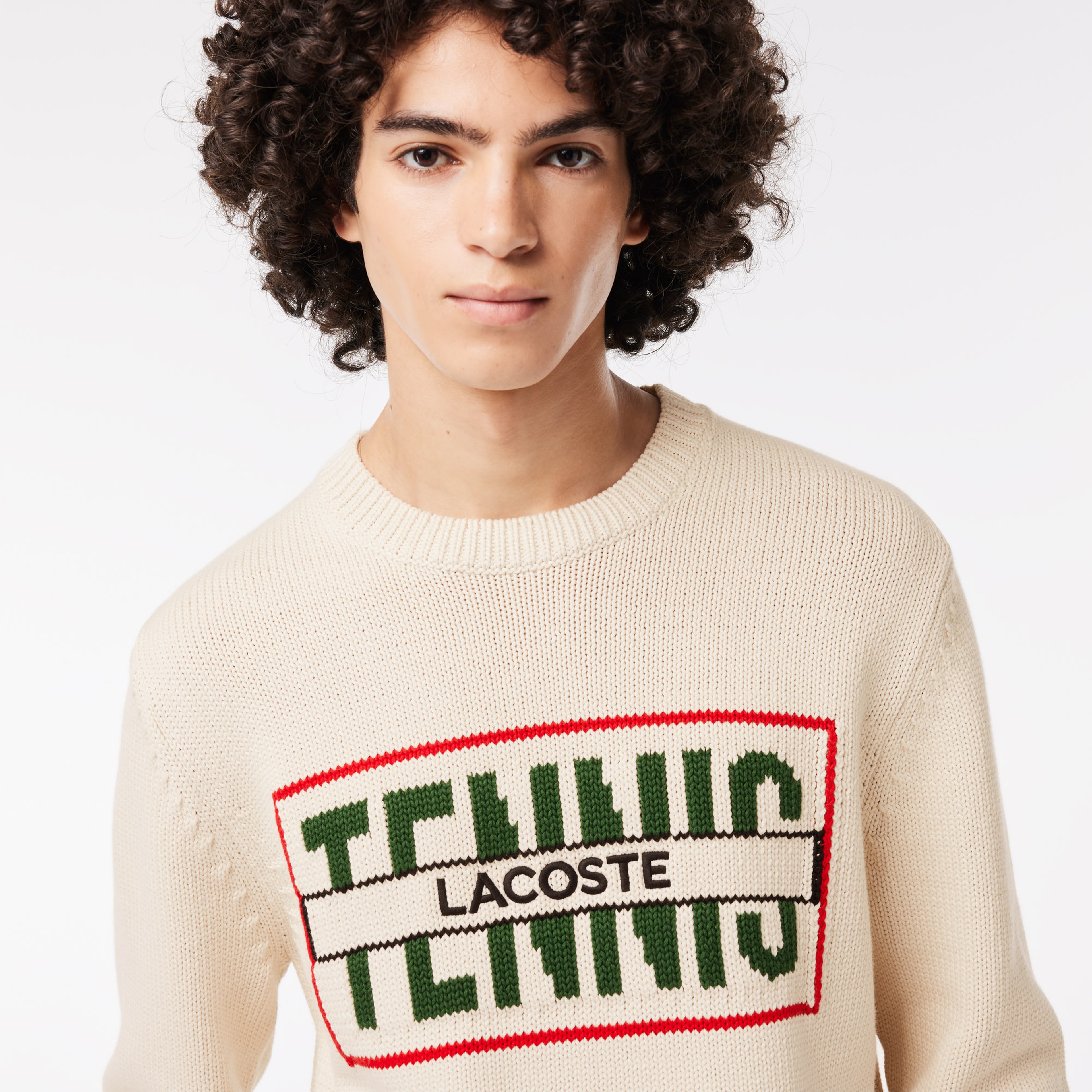 Erkek Classic Fit Uzun Kollu Bisiklet Yaka Baskılı Beyaz Triko