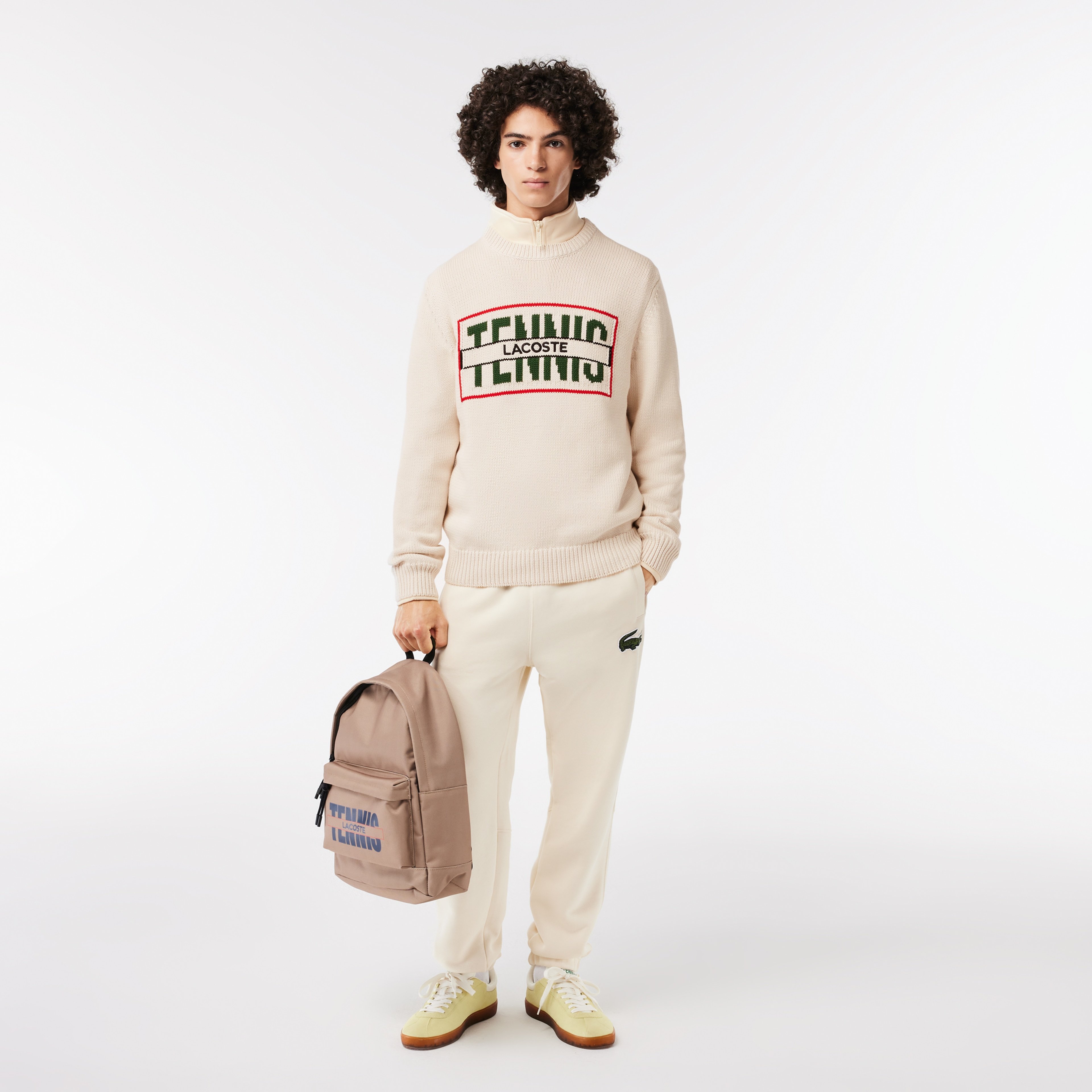 Erkek Classic Fit Uzun Kollu Bisiklet Yaka Baskılı Beyaz Triko