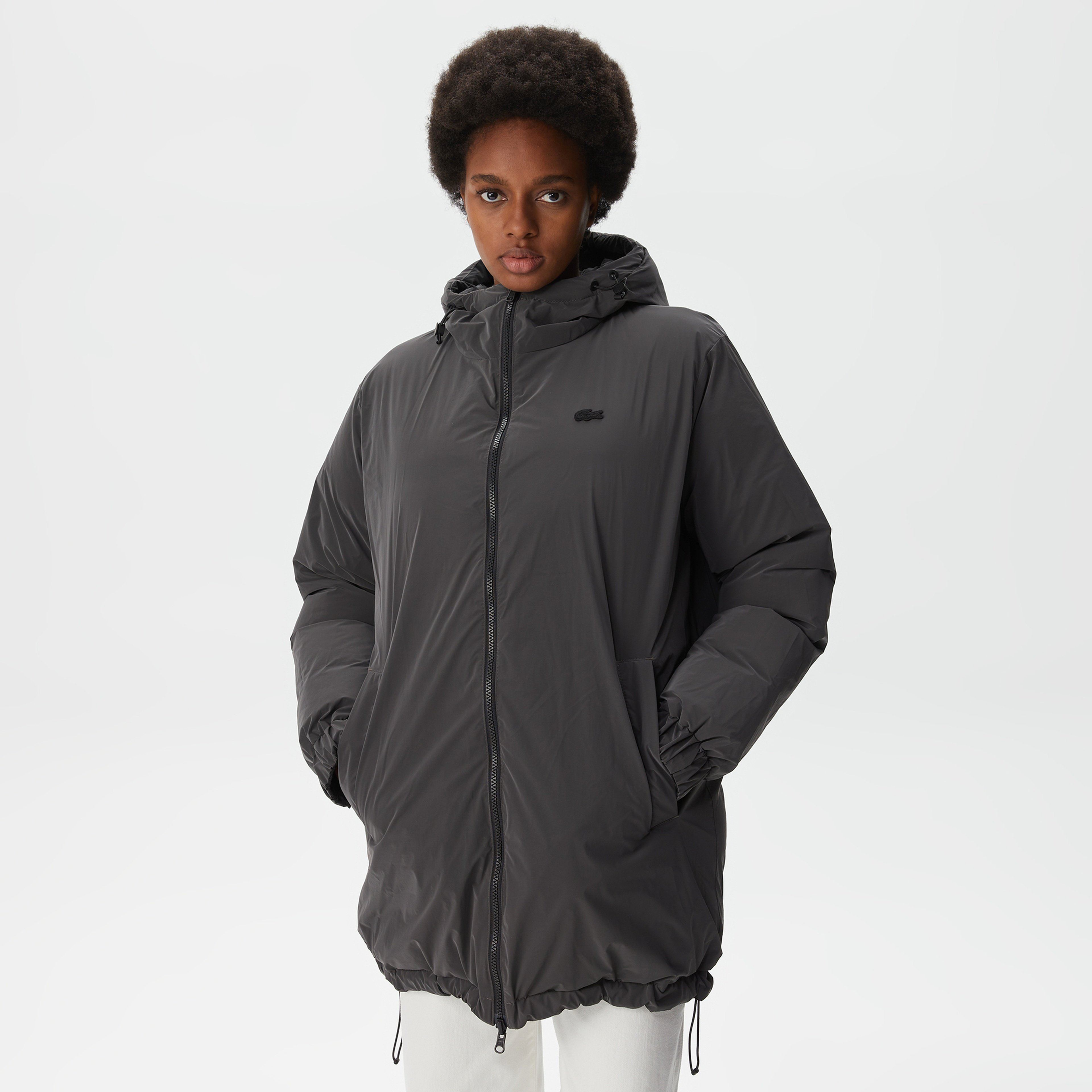 Kadın Kapüşonlu Çift Taraflı Siyah Şişme Mont