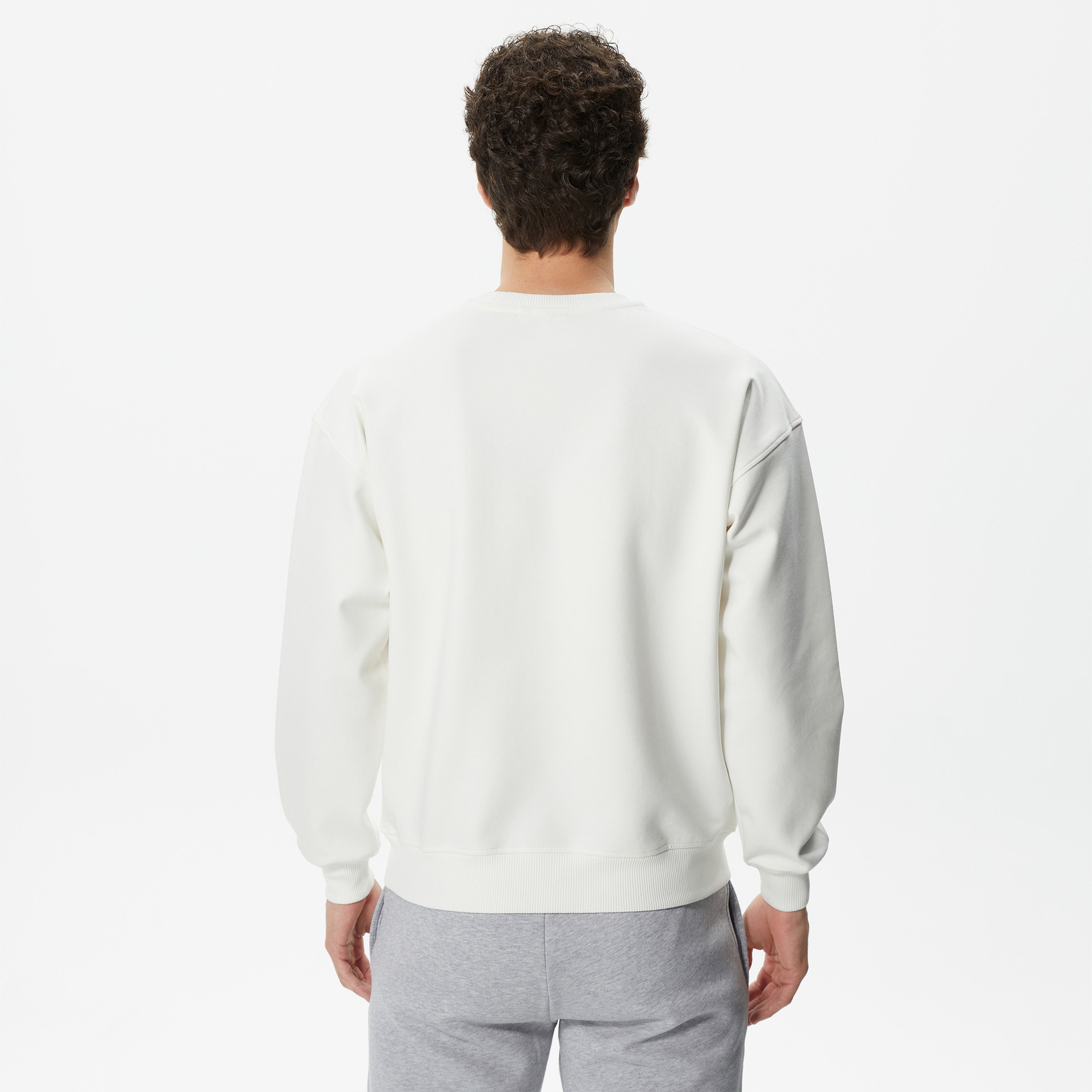 Erkek Relaxed Fit Bisiklet Yaka Baskılı Ekru Sweatshirt
