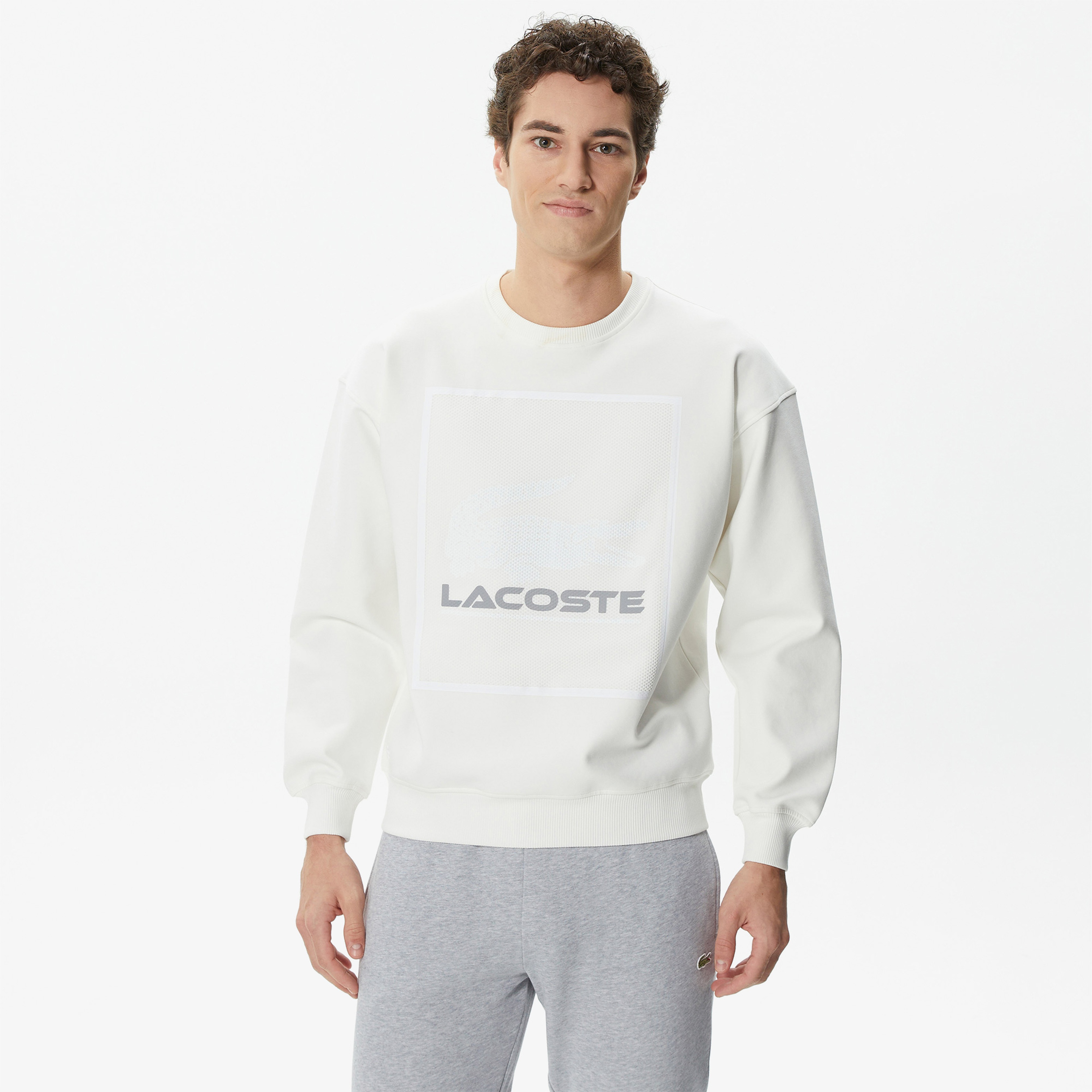 Erkek Relaxed Fit Bisiklet Yaka Baskılı Ekru Sweatshirt