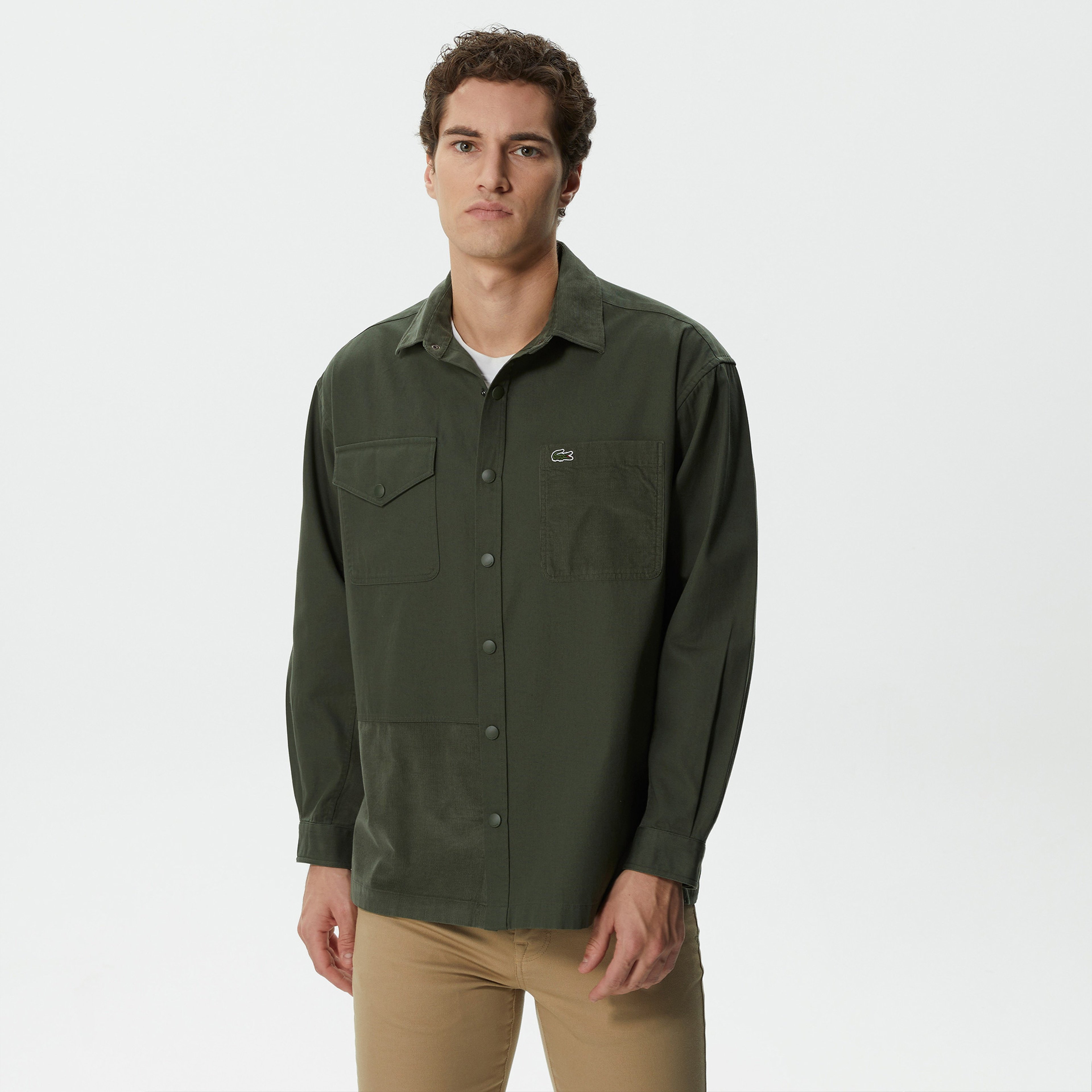 Erkek Relaxed Fit Renk Bloklu Yeşil Gömlek