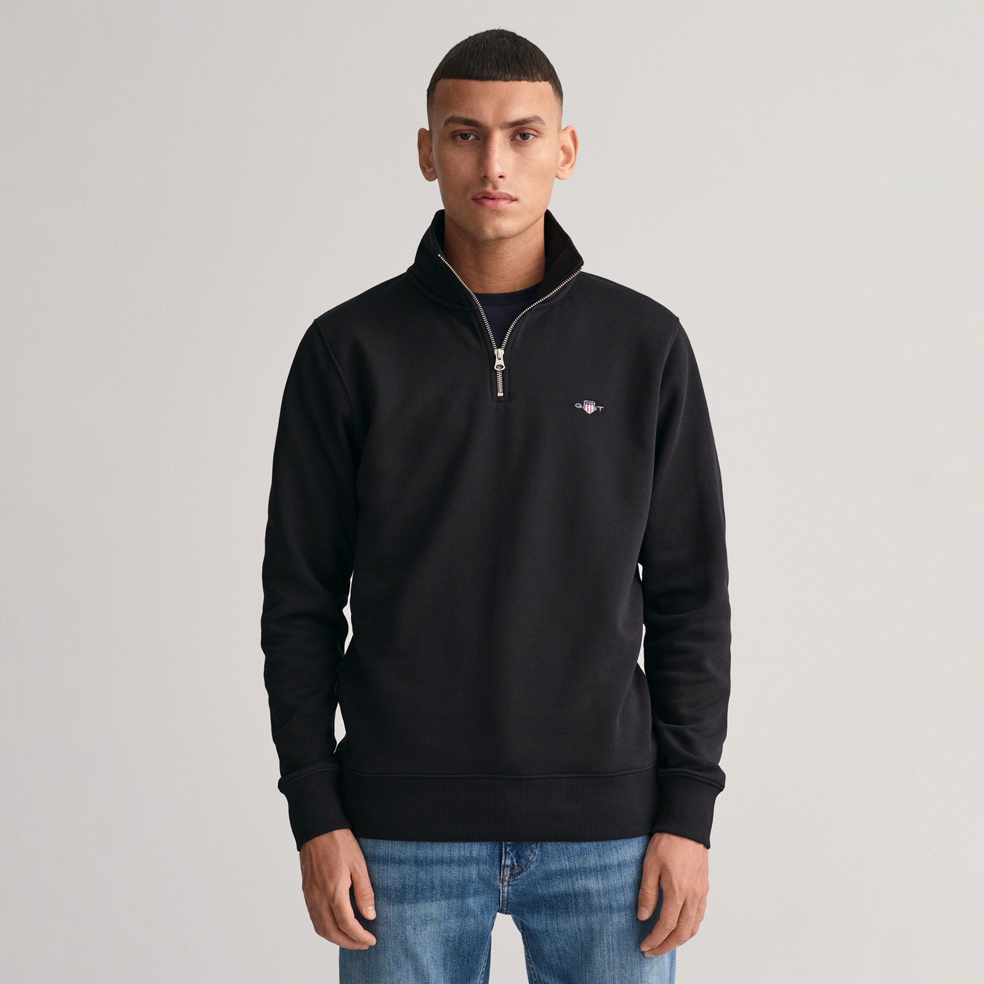 GANT Erkek Siyah Regular Fit Yarım Fermuarlı Sweatshirt