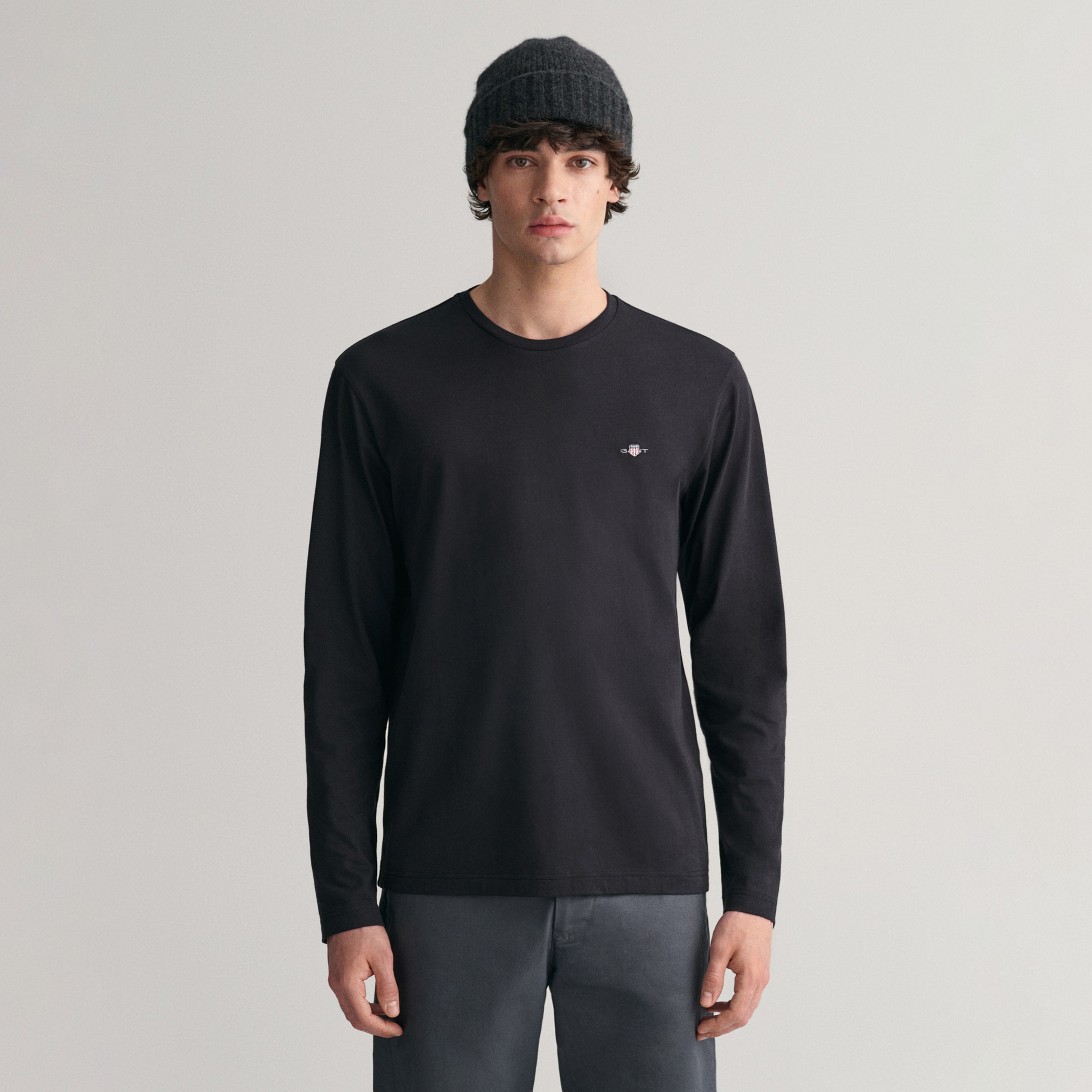 Gant Erkek Siyah Regular Fit Bisiklet Yaka Uzun Kollu T-Shirt