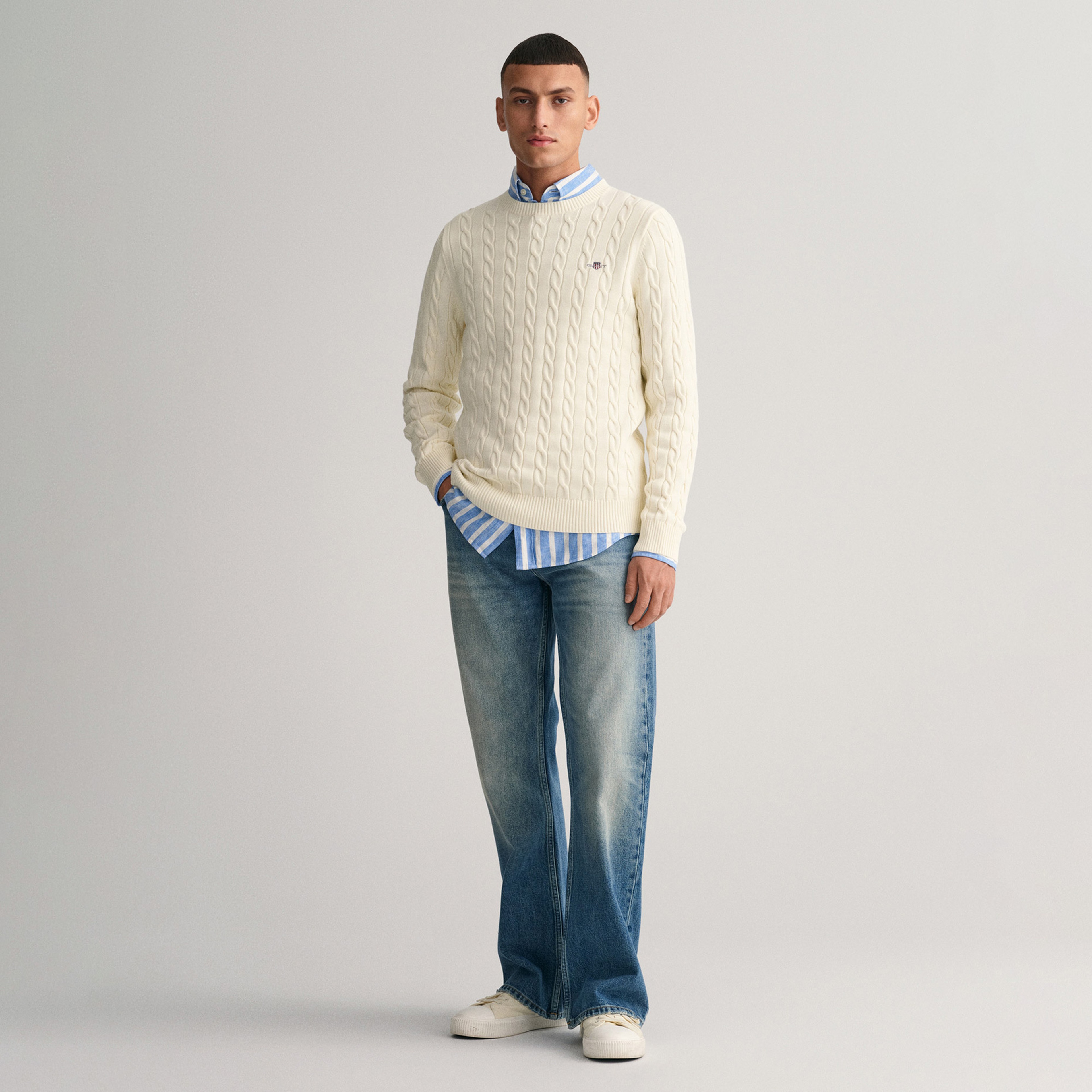 GANT Erkek Krem Regular Fit Bisiklet Yaka Örgü Kazak