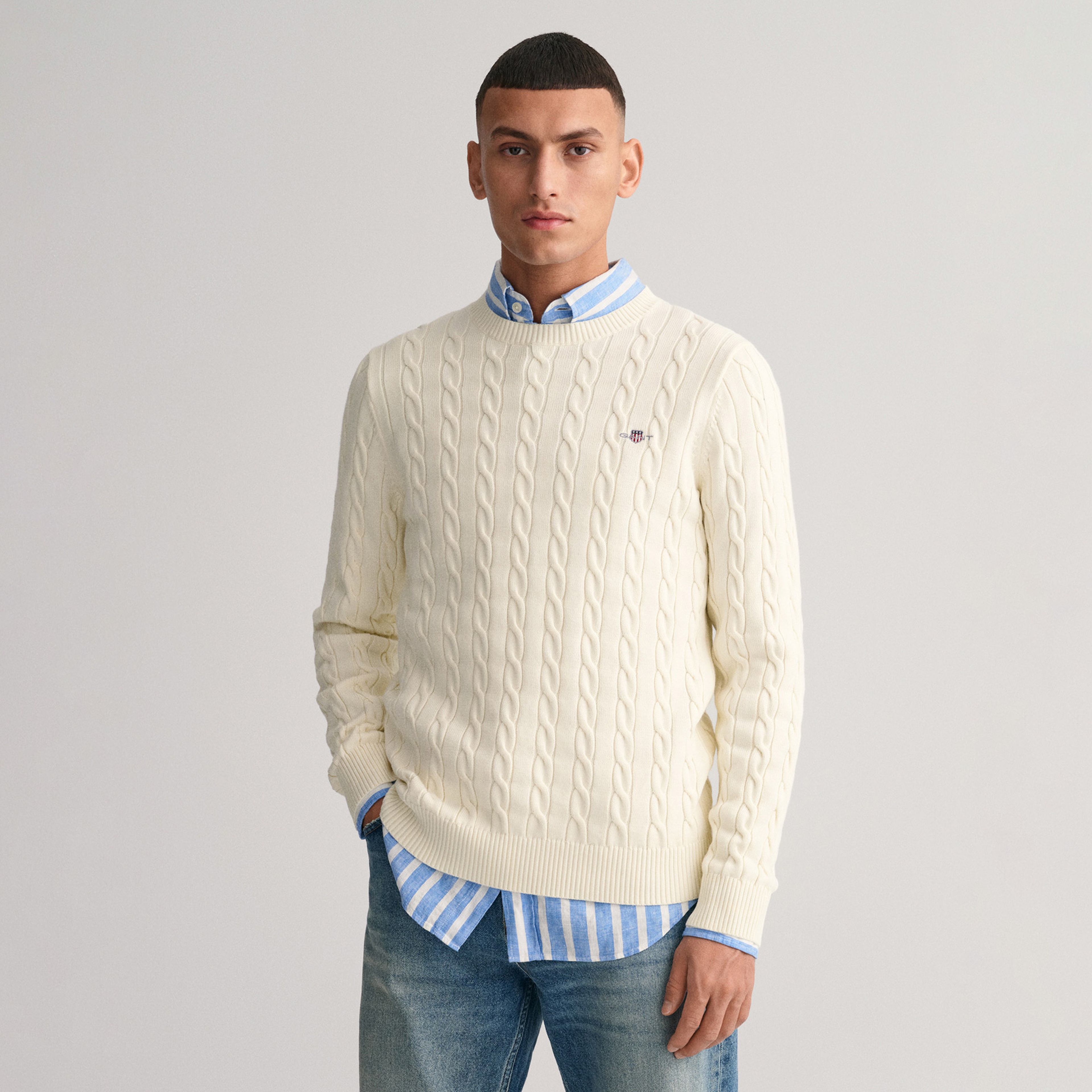 GANT Erkek Krem Regular Fit Bisiklet Yaka Örgü Kazak