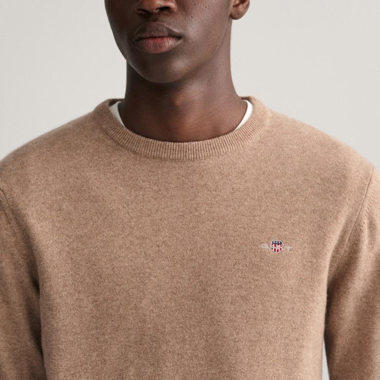 Gant Erkek Bej Regular Fit Bisiklet Yaka Yün Kazak