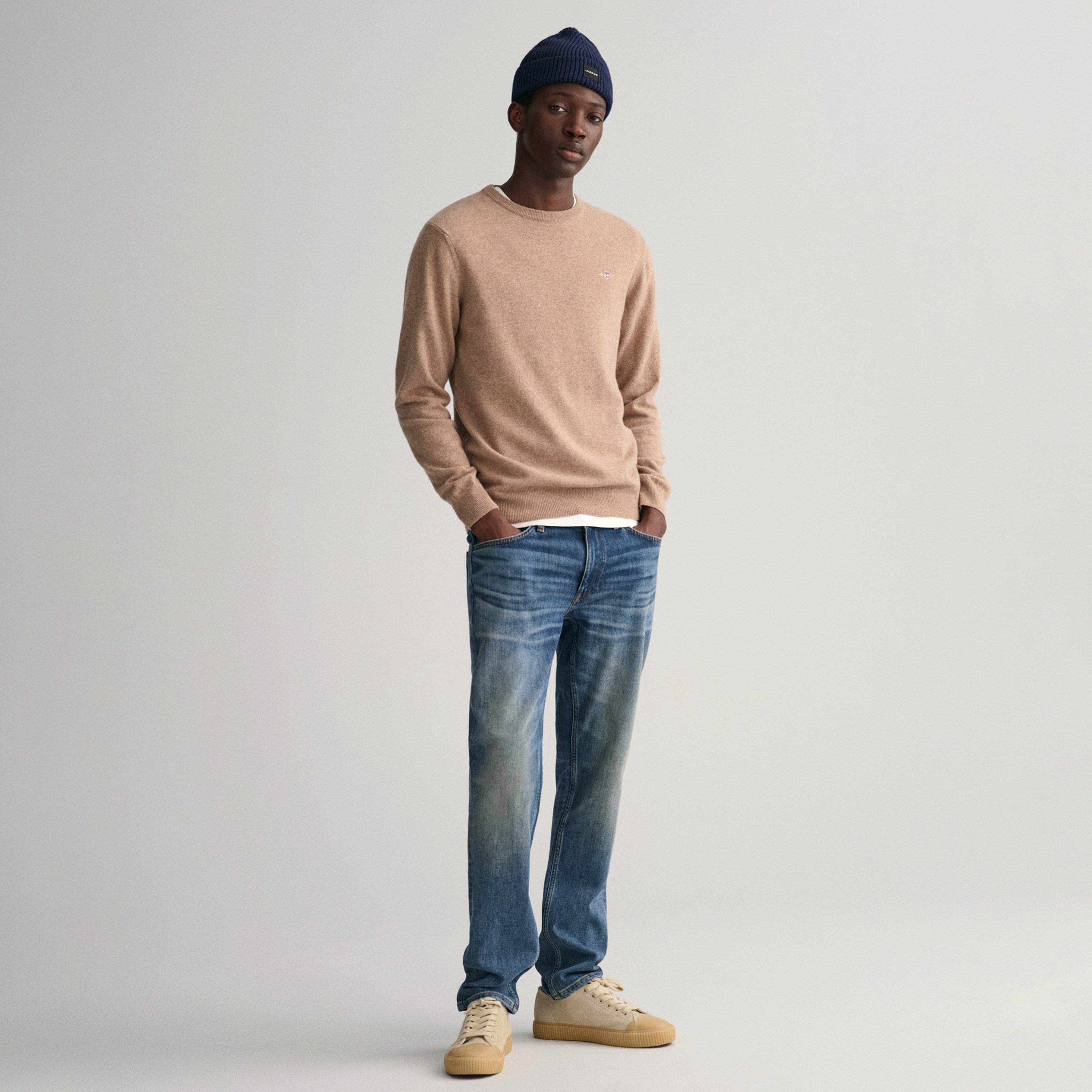 Gant Erkek Bej Regular Fit Bisiklet Yaka Yün Kazak