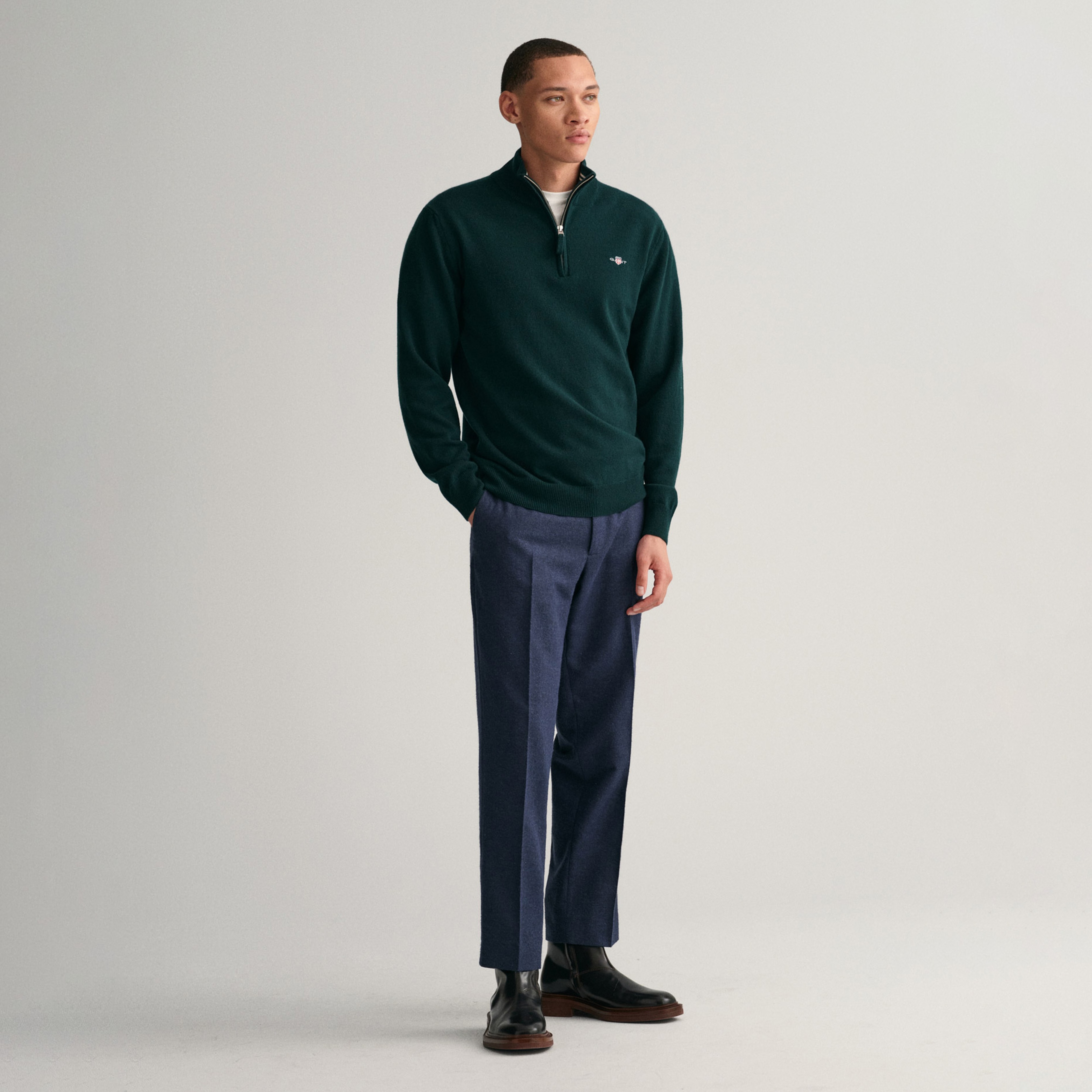 Gant Erkek Yeşil Regular Fit Yarım Fermuarlı Yün Kazak