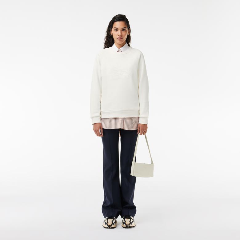 Kadın Bisiklet Yaka Baskılı Beyaz Sweatshirt