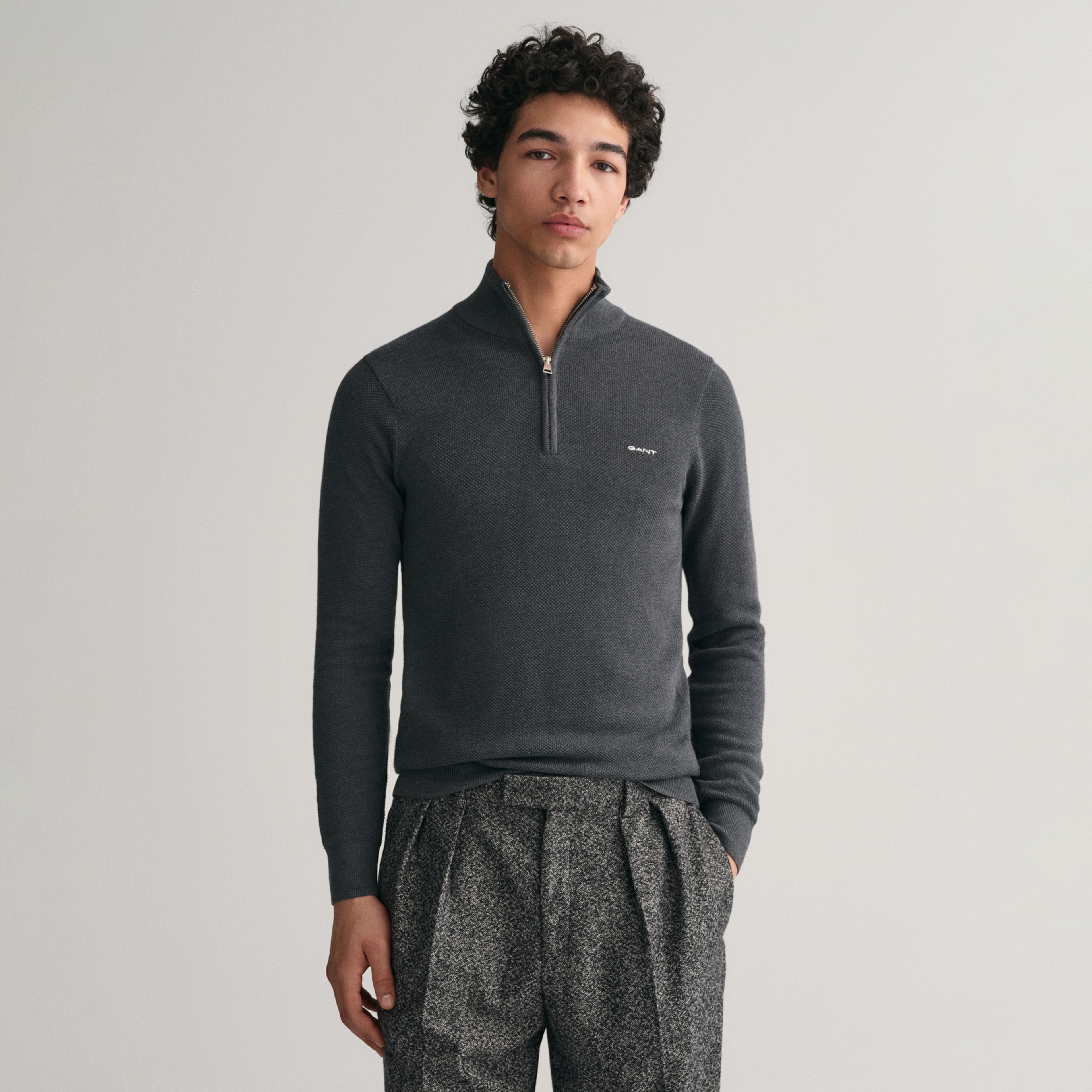 GANT Erkek Gri Regular Fit Yarım Fermuarlı Kazak