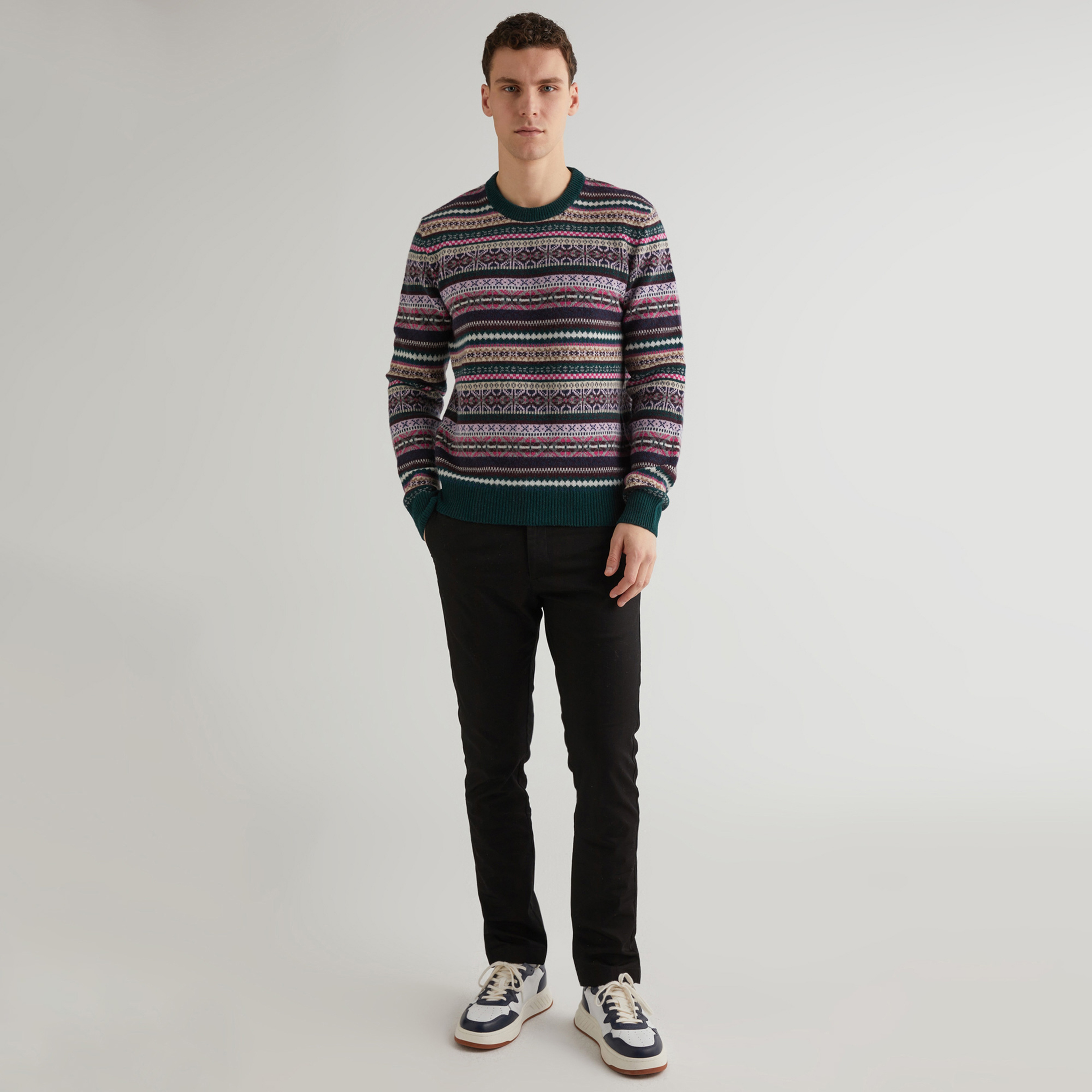 GANT Erkek Yeşil Regular Fit Bisiklet Yaka Desenli Kazak