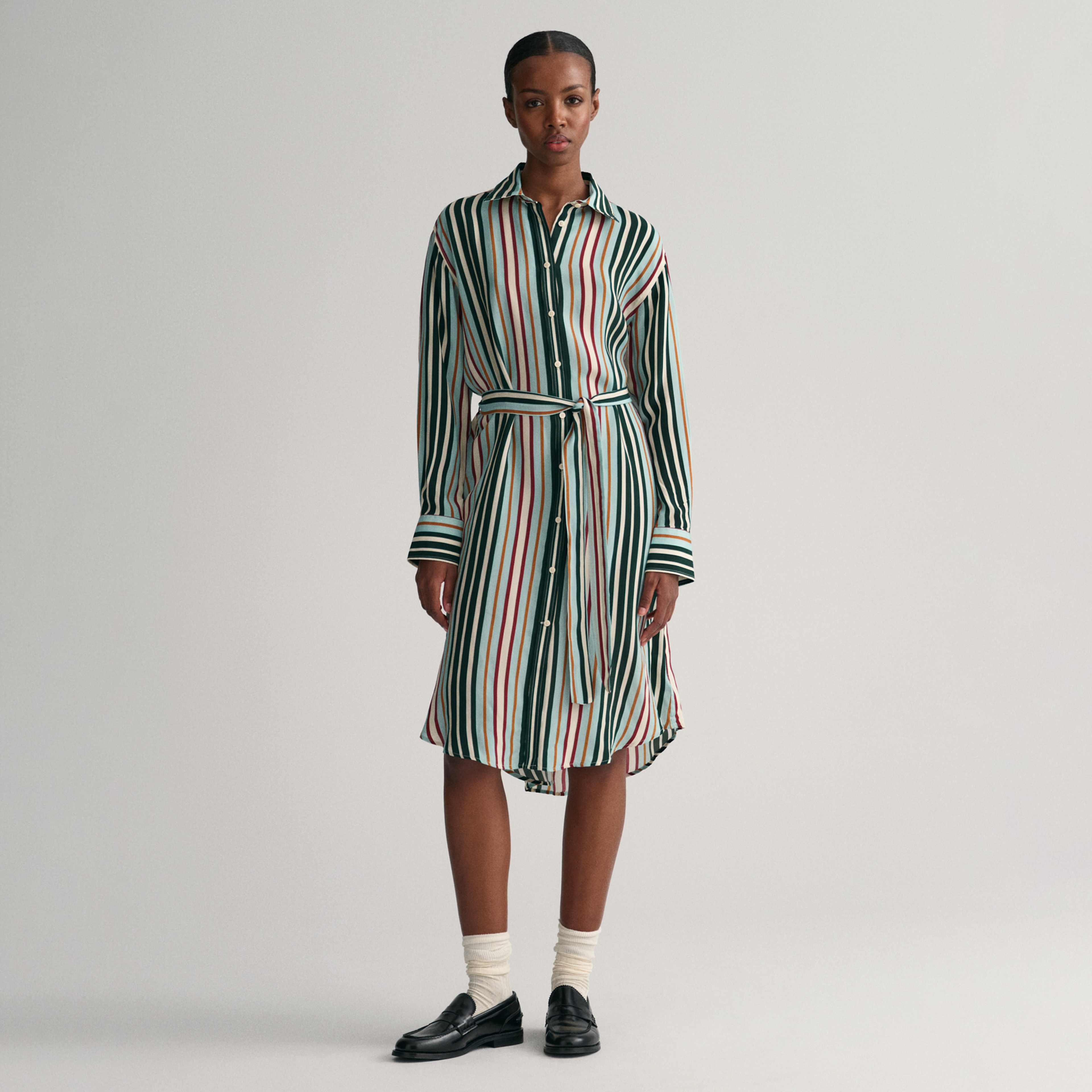 GANT Kadın Yeşil Regular Fit Klasik Yaka Çizgili Elbise