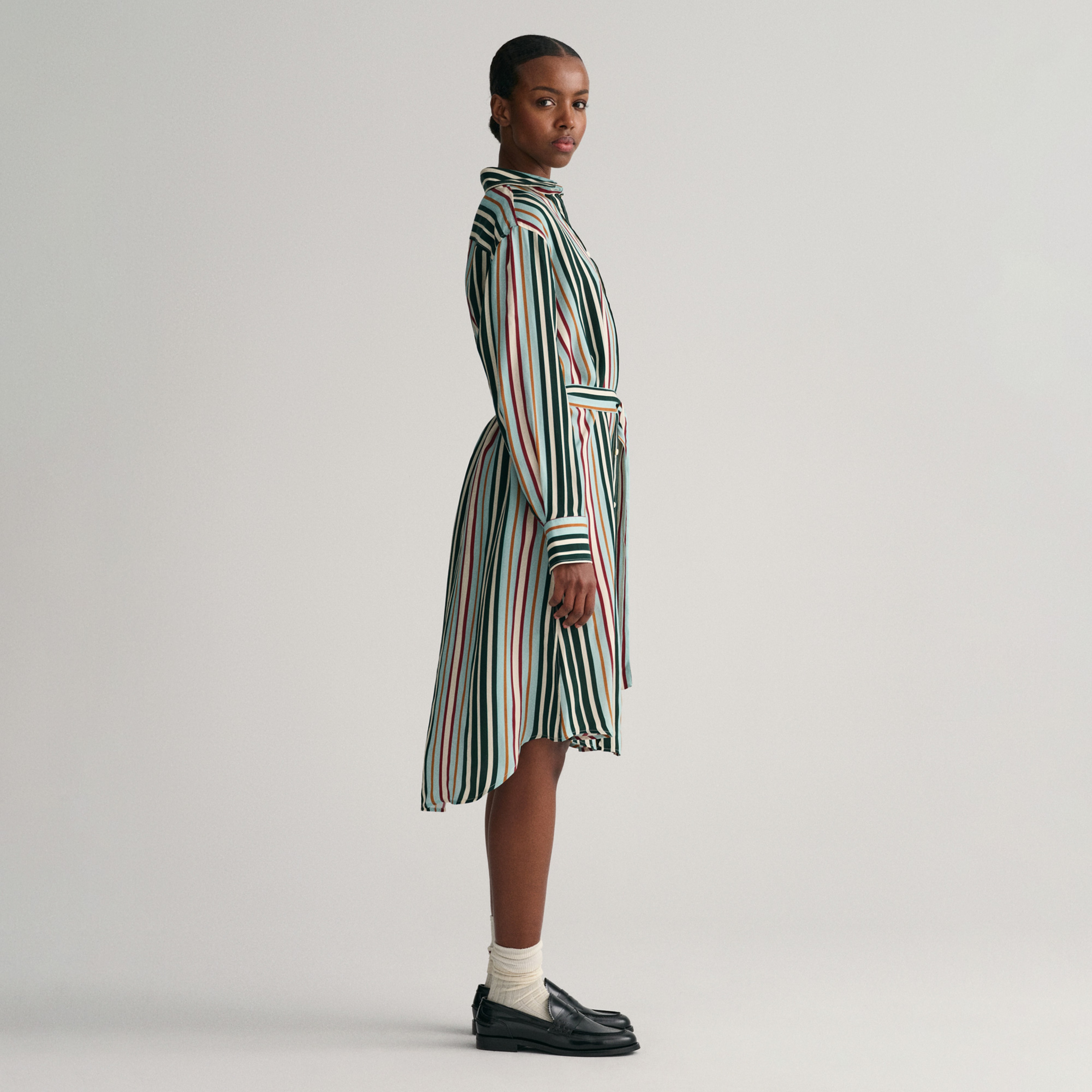 GANT Kadın Yeşil Regular Fit Klasik Yaka Çizgili Elbise