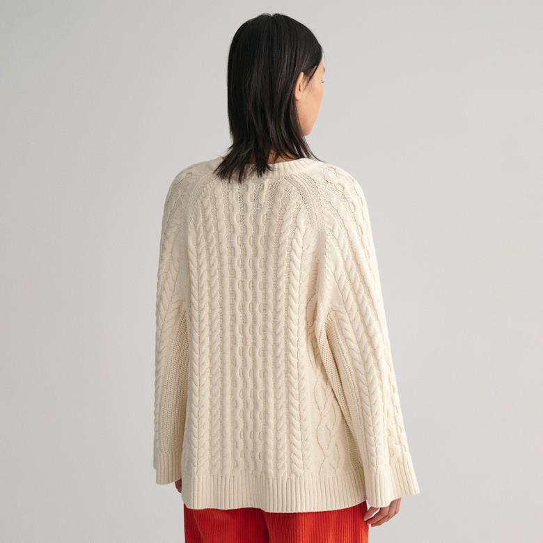 GANT Kadın Krem Oversize Fit Bisiklet Yaka Desenli Kazak