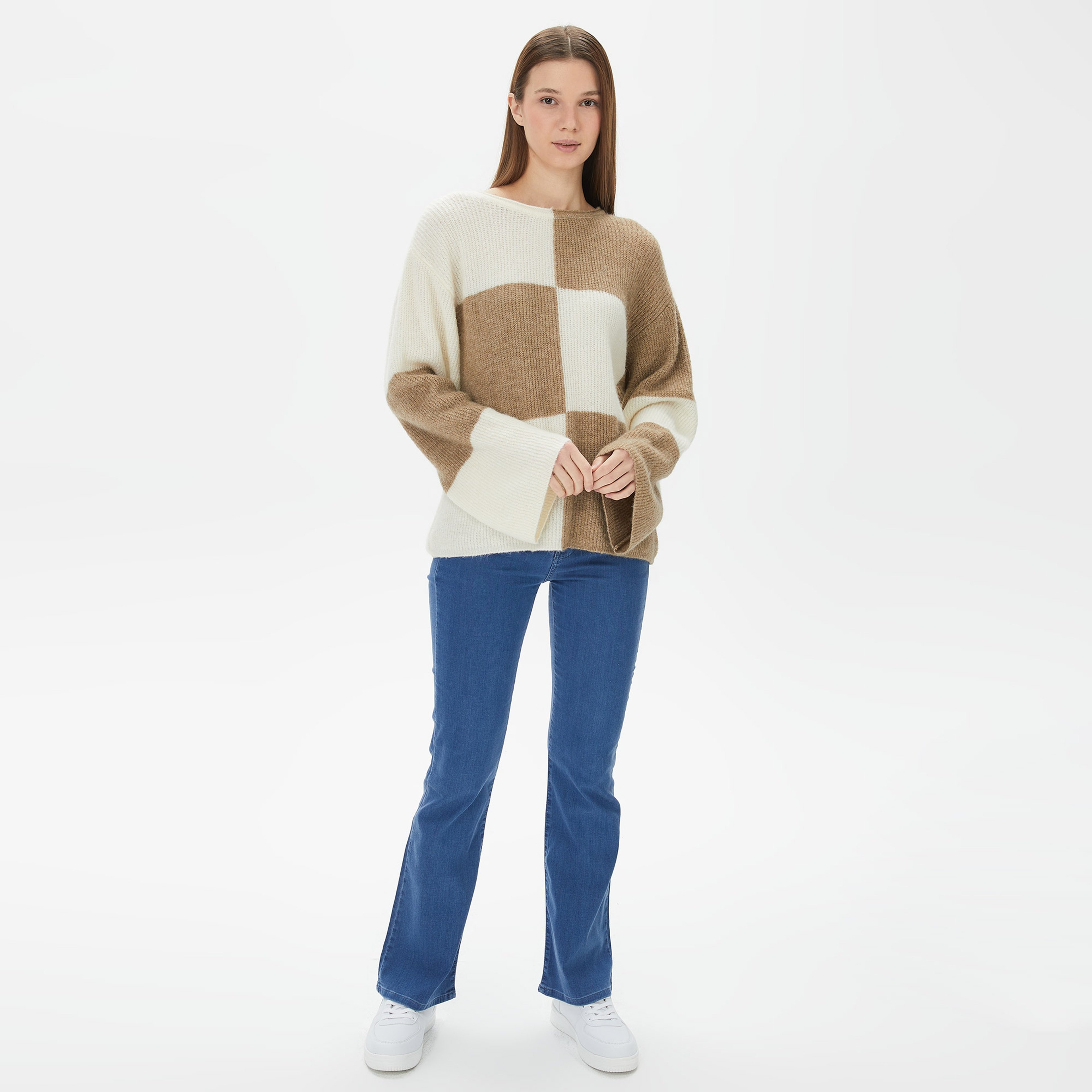 Nautica Kadın Beyaz Standart Fit Desenli Triko