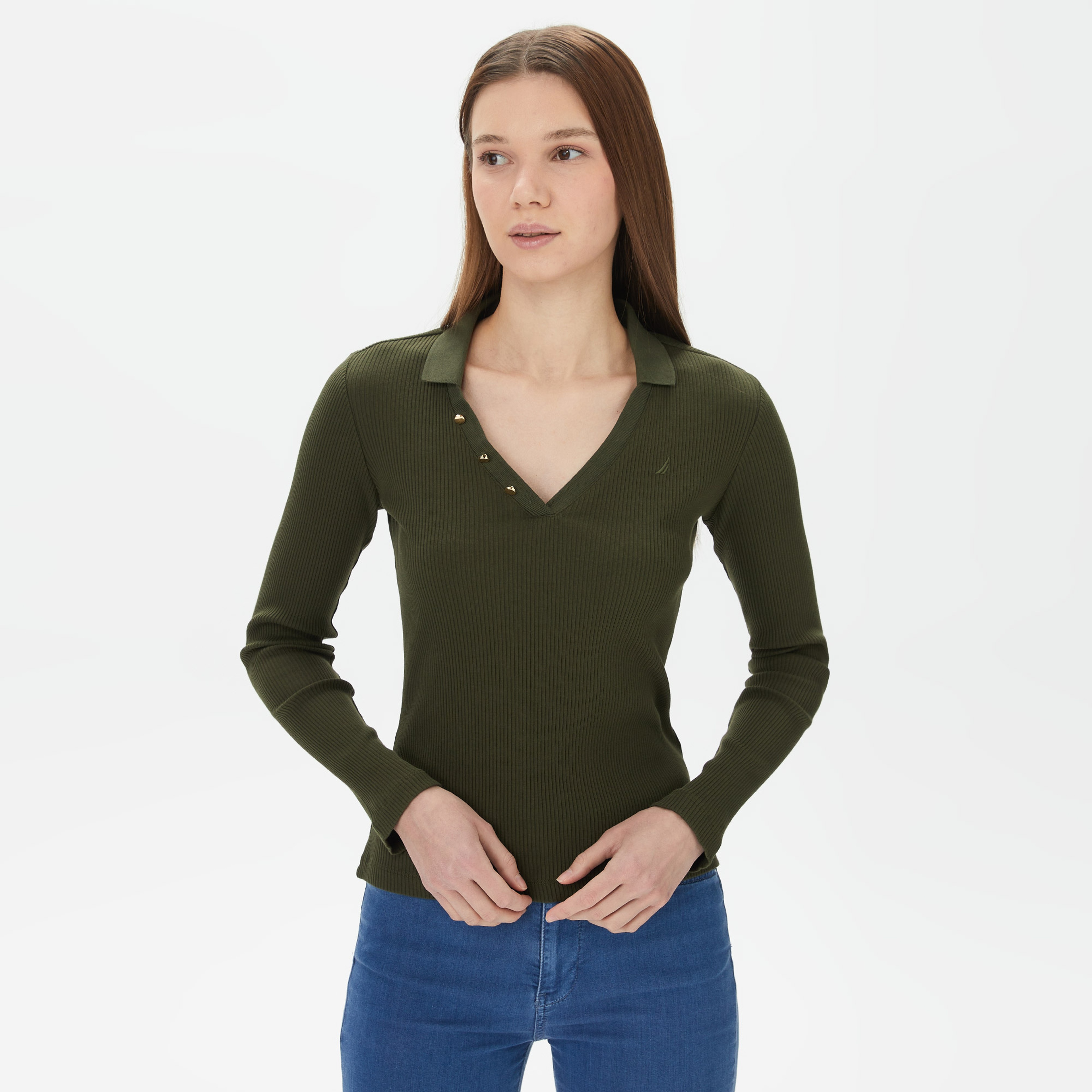 Nautica Kadın Yeşil Slim Fit Uzun Kollu Polo