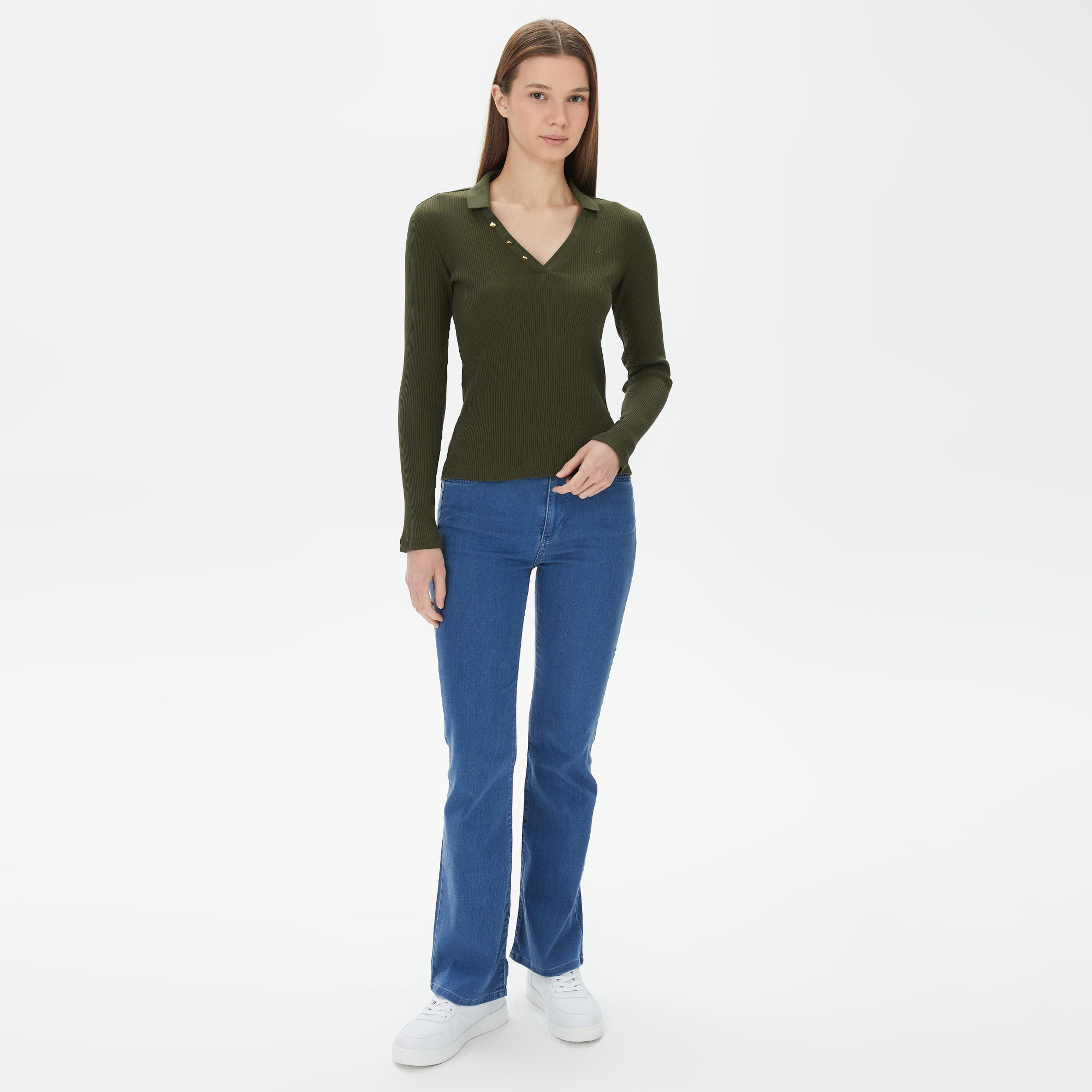 Nautica Kadın Yeşil Slim Fit Uzun Kollu Polo