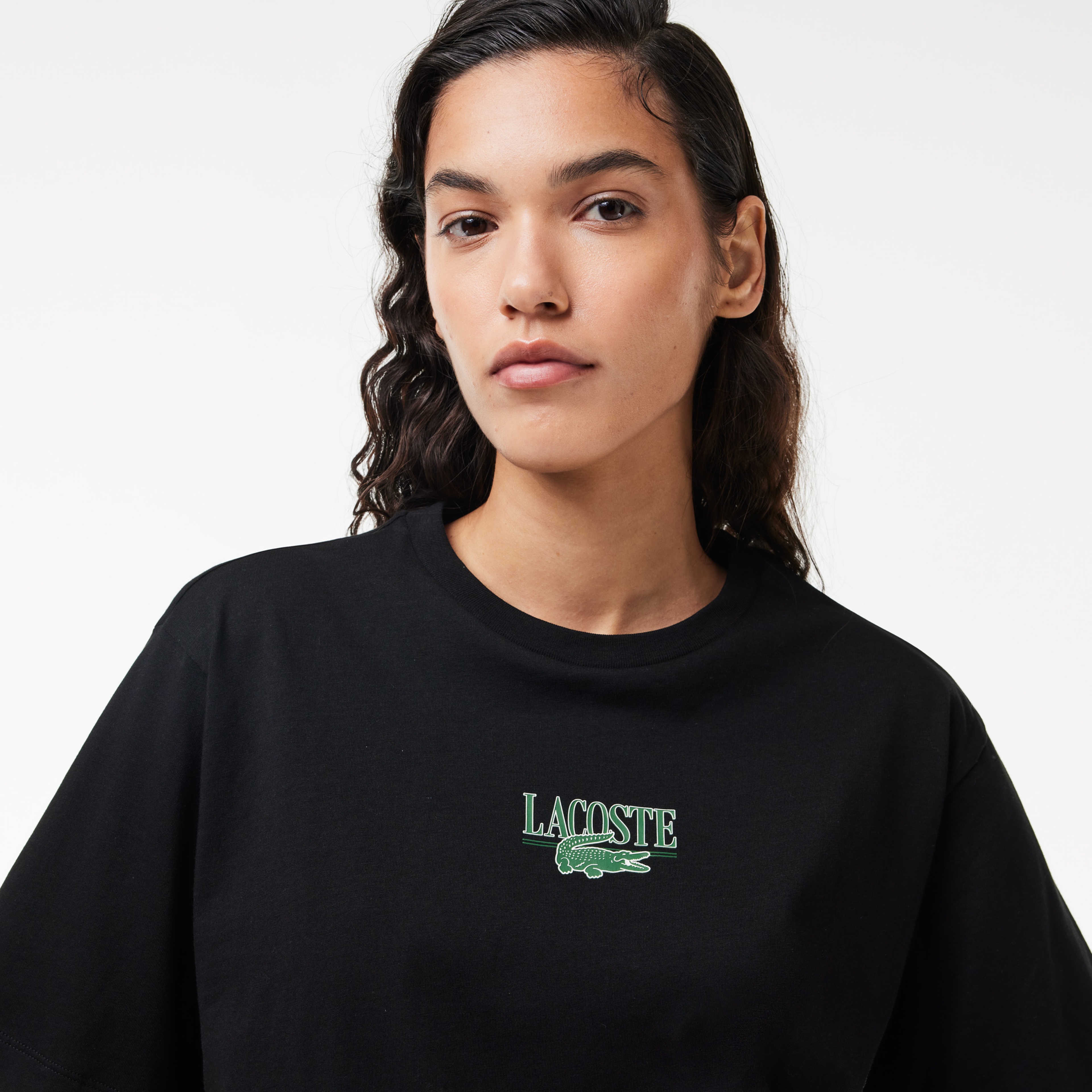 Lacoste Kadın Relaxed Fit Bisiklet Yaka Baskılı Siyah T-Shirt