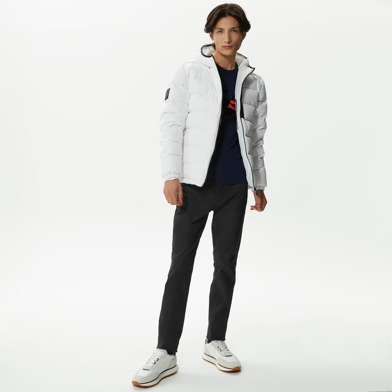 Erkek Kapüşonlu Kapitone Beyaz Mont