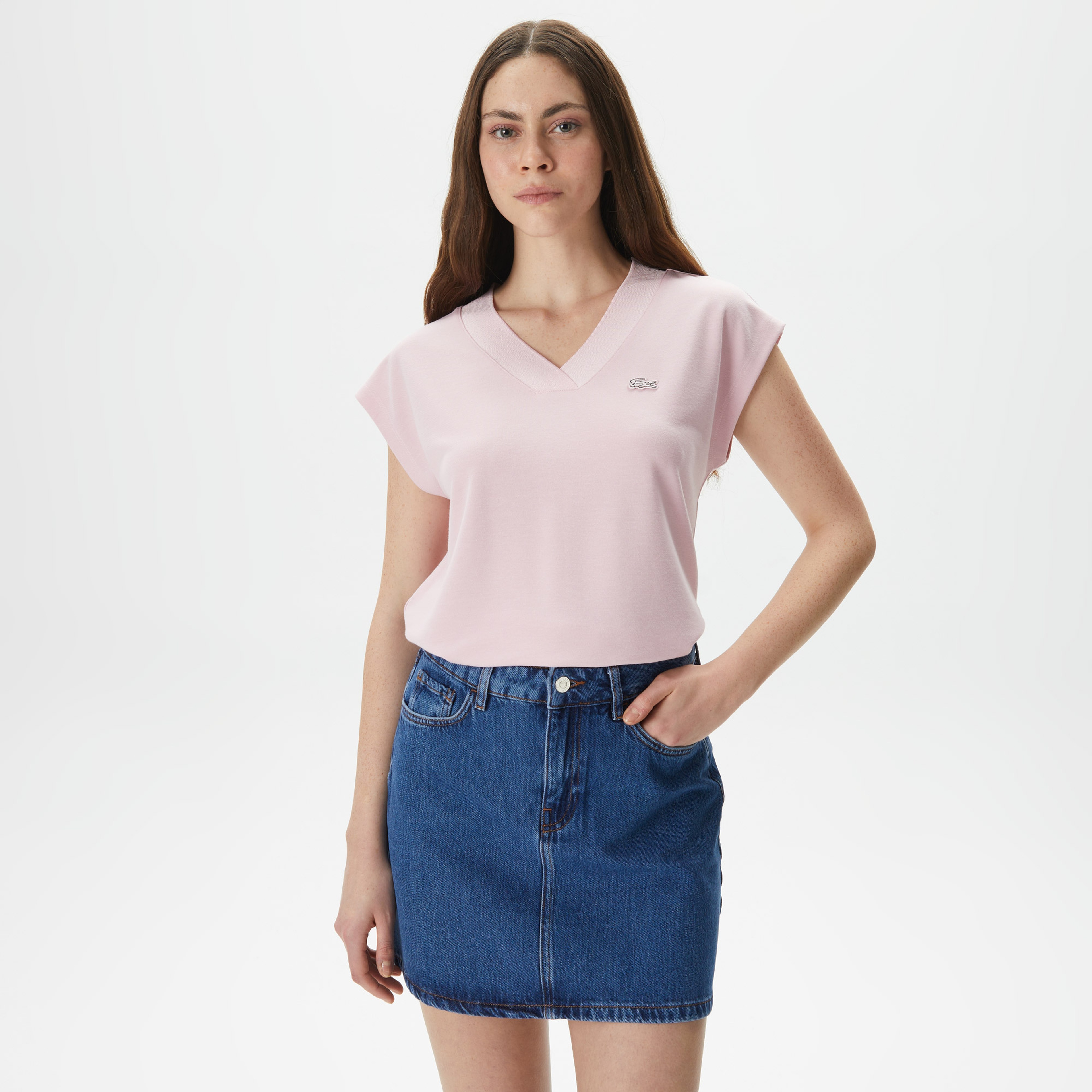 Kadın Slim Fit V Yaka Açık Pembe T-Shirt