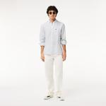 Erkek Regular Fit Düğmeli Yaka Çizgili Keten Açık Mavi Gömlek