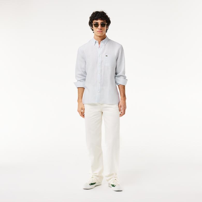 Erkek Regular Fit Düğmeli Yaka Çizgili Keten Açık Mavi Gömlek