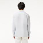 Erkek Regular Fit Düğmeli Yaka Çizgili Keten Açık Mavi Gömlek